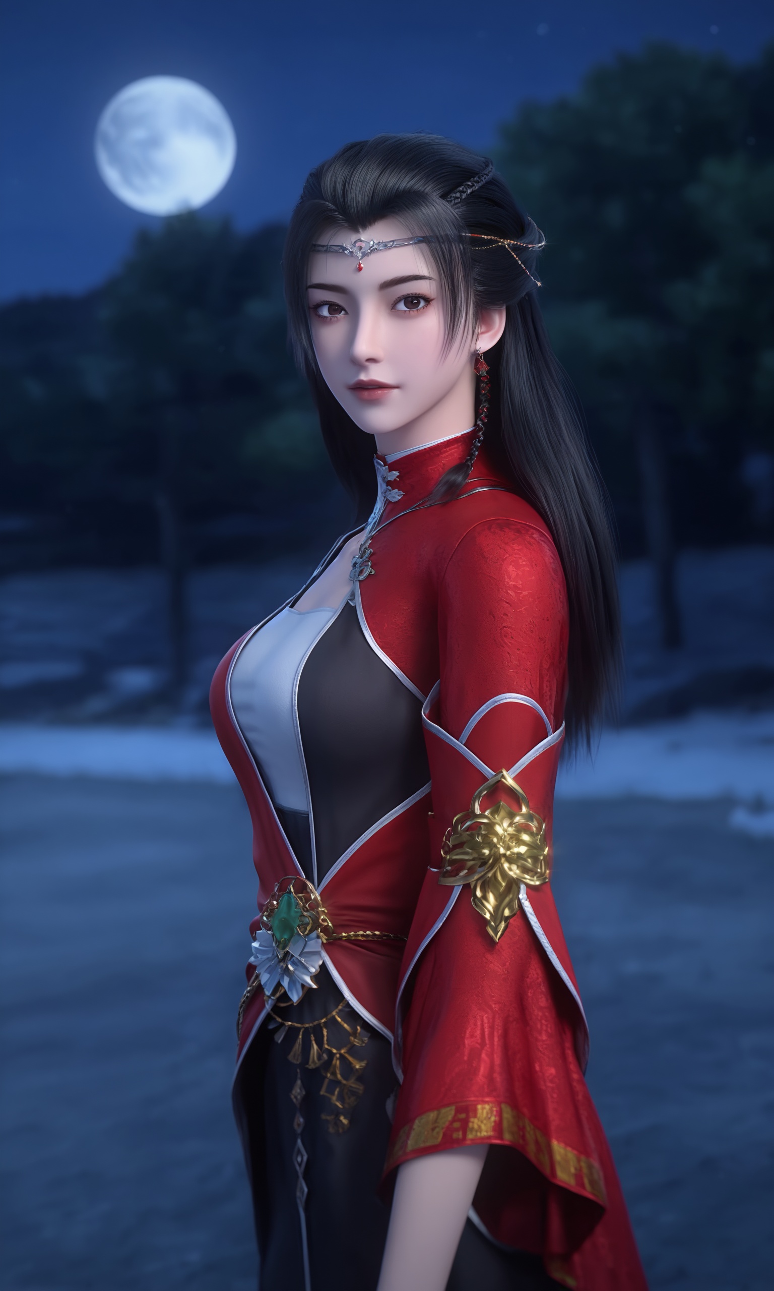 <lora:紫川-流风霜Pony:0.8>,1girl,straight,long black hair,silver tiara-like headpiece,striking red outfit with intricate gold embroidery,long,flowing sleeves,high-collared,form-fitting bodice,black,large,ornate brooch with a green gem,flowing skirt,thigh-high black stockings,black boots,, 1girl,solo,shiny,shiny_hair,upper_body,fair_skin,white_skin,shiny_skin,shiny,Ivory_skin,looking at viewer,cinematic lighting,volumetric lighting,solo focus,blurry background,depth of field,night,sky,night sky,full moon,moonlight,