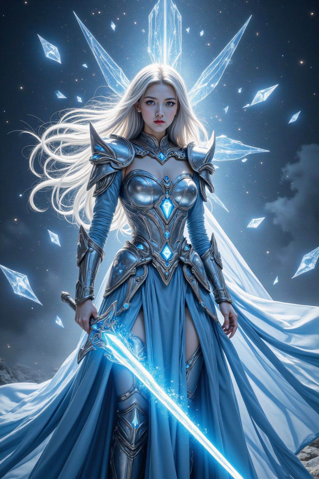 This is a photograph of a young woman with pale blue skin and flowing white hair. She wears ornate, silver armor adorned with blue gemstones and a flowing blue gown. Her powerful stance is accentuated by a radiant, glowing blue sword. Behind her, a brilliant, starry background with a radiant, crystalline aura frames her. The image has a futuristic, fantasy aesthetic with a dark, cosmic backdrop.