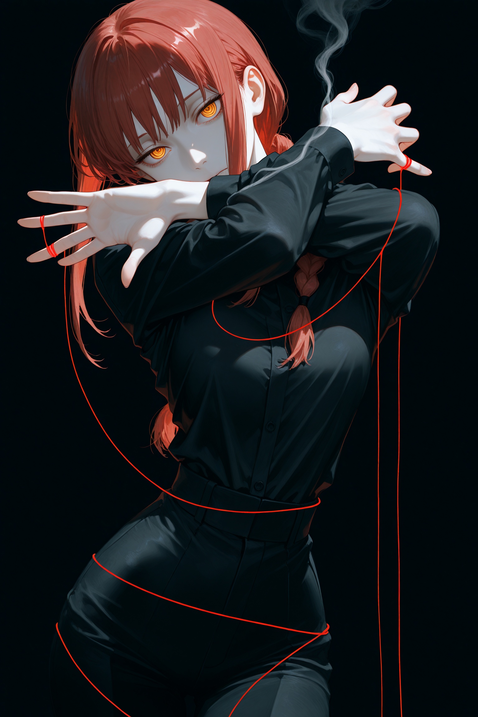 masterpiece,best quality,amazing quality,very aesthetic,absurdres,newest,ringed eyes,(texture, glowing black theme, glitch art theme, surreal, abstract:1.2),black background,simple background,cowboy shot,contrapposto,solo,1girl,makima \(chainsaw man\),yellow eyes,red hair,head tilt,smoke trail,black smoke,black fog,pale skin,(string of fate:1.2),arms around neck,open hands,hands up,narrow waist,the red thread is wrapped around the arm,