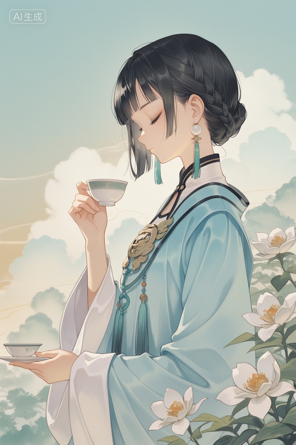 asian inspire,masterpiece,best quality,8K,ultra-high resolution,, asian inspire,, 1girl,, jewelry,, solo,, earrings,, closed eyes,, black hair,, profile,, holding,, braid,, from side,, short hair,, long sleeves,, cup,, bangs,, holding cup,, chinese clothes,, robe,, flower,, wide sleeves,, upper body,, closed mouth,, blunt bangs,, hand up,, side braid,, tassel,, girl,, tea cup,, asian,, blue robe,, black hair,, contemplative,, watercolor,, ethereal,, hand,, flowers,, clouds,, sky,, oriental,, serene,, anime,, peaceful,, calm,, tranquil,, Negative prompt: ng_deepnegative_v1_75t,(badhandv4:1.2),EasyNegative,(worst quality),chinese text,text,,nsfw, Steps: 30, Sampler: Euler a, CFG scale: 7.0, Seed: 3044013282, Size: 1024x1536, Model hash: bdb59bac77, Model: WAI_NSFW-illustrious-SDXL_v14.safetensors, Denoising strength: 0, RNG: CPU, Lora 1: As Asian Inspire 亚系, Lora Hash 1: 91f26508b8, Lora Weight 1: 0.8, vae_name: automatic