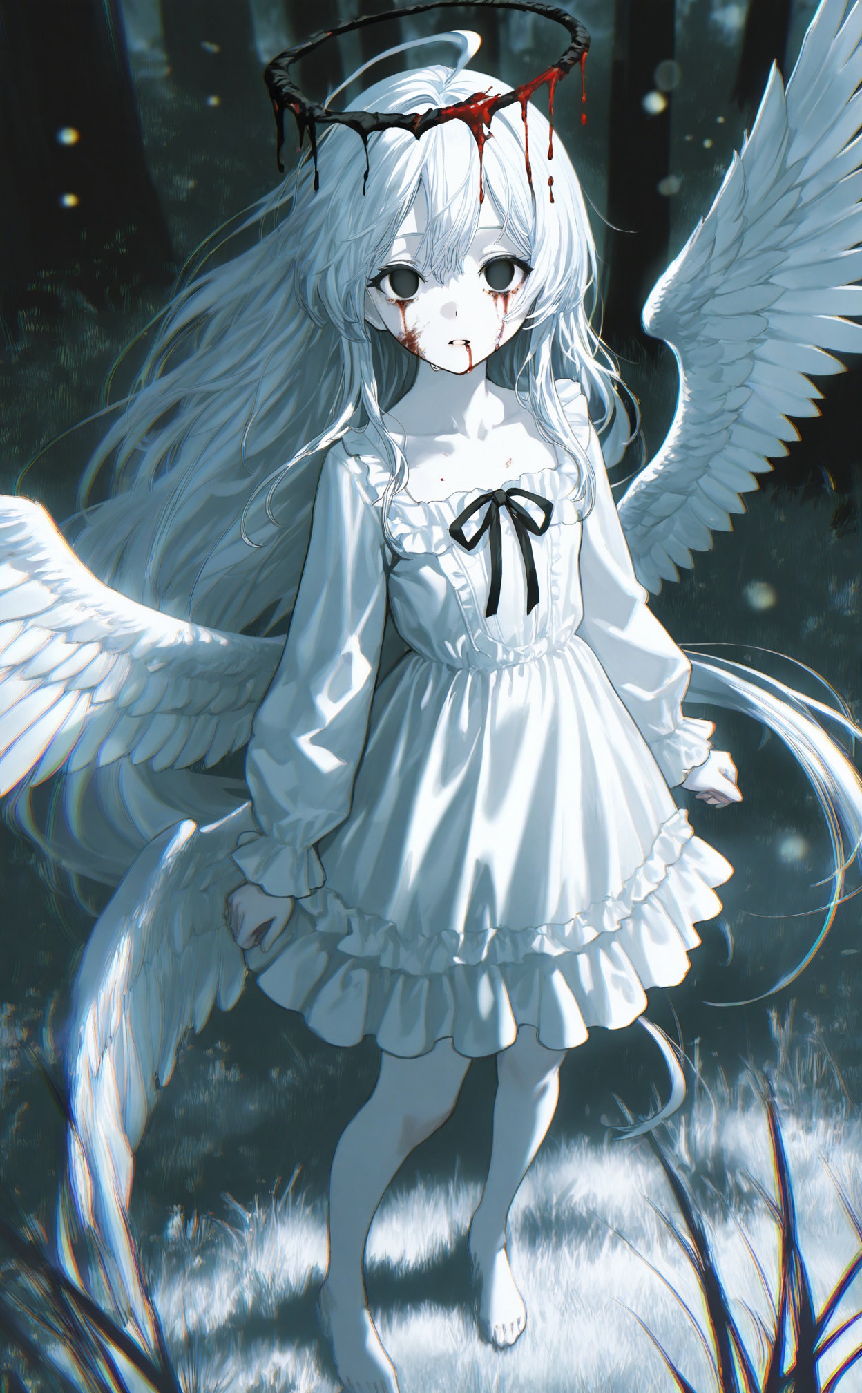 masterpiece,absurdres,best quality,loli,petite,high quality,chromatic_aberration,//,multiple wings, wings, long hair, halo, white hair, angel wings, solo, 1girl, barefoot, black eyes, angel, white dress, dress, empty eyes, blood, looking at viewer, blood on face, grass, feathered wings, black ribbon, very long hair, from above, nature, blood on clothes, forest, long sleeves, white wings, ribbon, looking up, frills, blood from eyes, full body, broken halo, ahoge, dirty, parted lips, dripping, white theme, standing, puffy sleeves, puffy long sleeves, pale skin, collarbone, tree, frilled dress, expressionless, absurdly long hair, outdoors, blood from mouth, sidelocks, arms at sides, frilled sleeves, black halo, horror (theme), night//,Depth of field,(colorful),hdr,Tyndall effect,depth of field,Tyndall Effect,blurry,blurry_background,depth_of_field,bokeh,glowing,//,<lora:ssxd2——【noob】hans:1>,