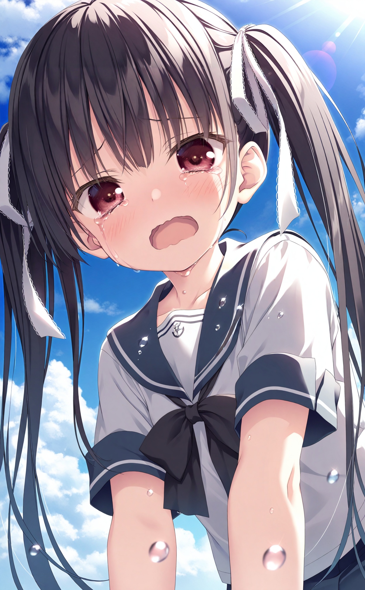 masterpiece,very aware,(highres),absurdres,newest,best quality,(loli),petite,high quality,chromatic_aberration,White Theme,lightblue Theme,//,1girl, twintails, solo, white ribbon, open mouth, sky, long hair, sailor collar, crying, hair ribbon, school uniform, ribbon, tears, outdoors, short sleeves, day, blue sky, crying with eyes open, looking at viewer, cloud, bow, shirt, blue sailor collar, white shirt, serafuku, black hair, red eyes, from below, black bow, bowtie, dutch angle, wavy mouth, black bowtie, upper body, very long hair, cloudy sky, looking down, water drop, blush, sailor shirt//,//,absurdres,newest,very aesthetic,amazing quality,highres,sensitive,ultra detailed,best anatomy,HDR,8K,high detail RAW color art,high contrast,illustration,depth of field,(colorful),phenomenal aesthetic,detailed light,blurred picture,Tyndall effect,contrast,lens flare,cinematic lighting,//,<lora:yzk——【noob】hans:0.8>,