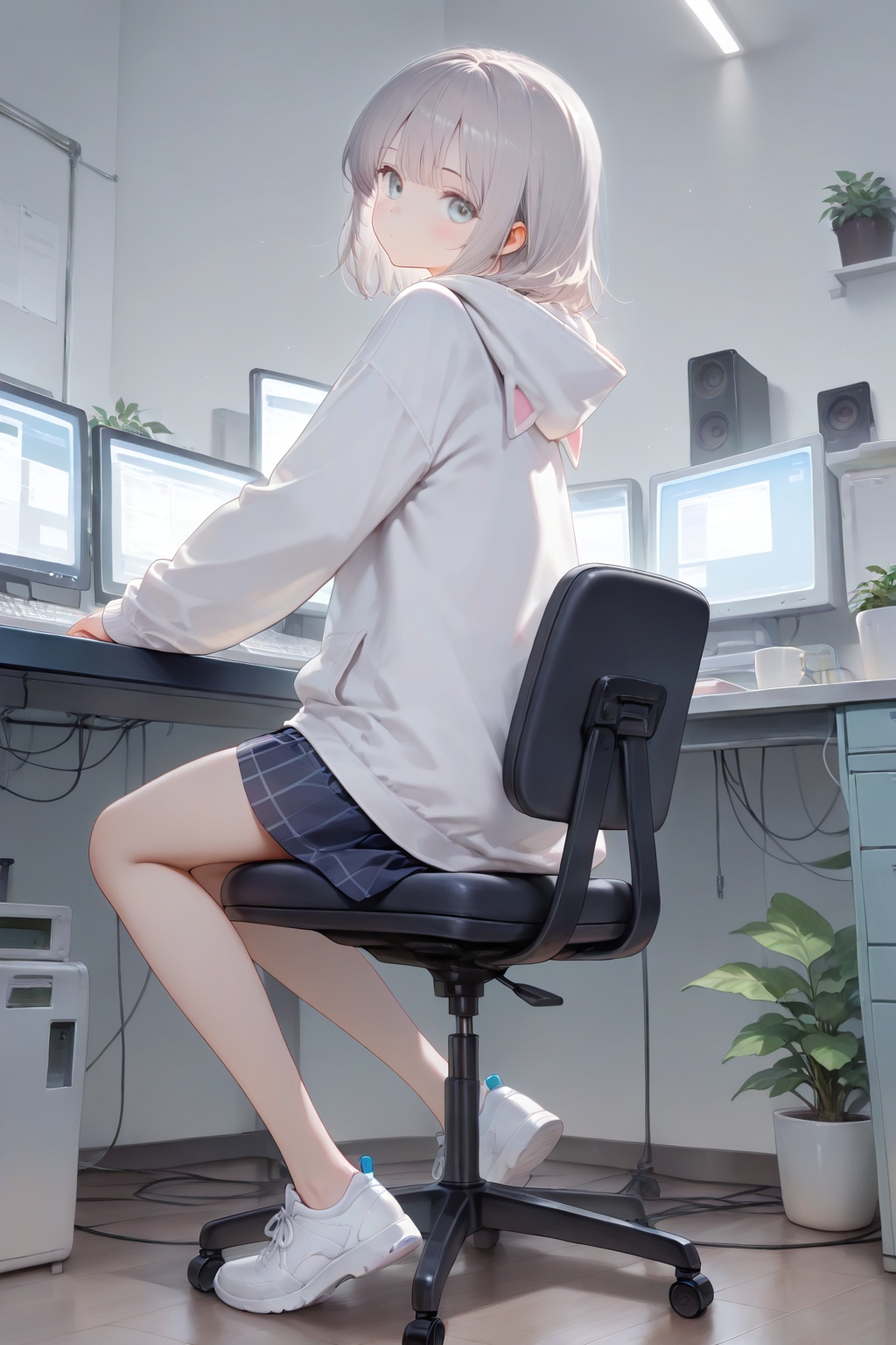 computer, 1girl, monitor, chair, solo, keyboard (computer), sitting, looking at viewer, indoors, hood, laptop, desk, swivel chair, grey theme, office chair, looking back, blue eyes, white footwear, hood down, closed mouth, plant, hoodie, white hoodie, shoes, speaker, grey hair, cable, skirt, on chair, cup, jacket, medium hair, short hair, muted color, from behind, potted plant, table, white jacket, white theme, crt, grey eyes