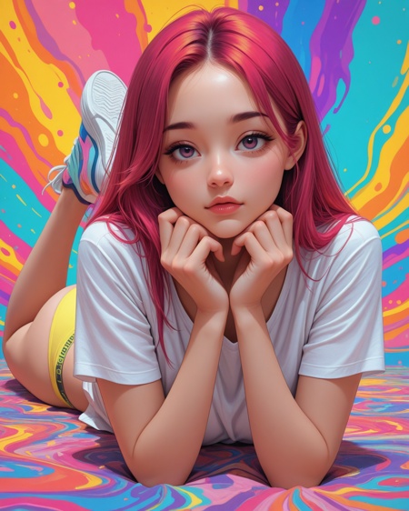 Woman, simple_background, colorful_background, watching_to_viewer, lying_on_stomach, chin_on_hands, naughty, beight_red_hair, thin, yellow_tanga_panties, Sneakers, white_shirt, high_quality, highres, detailed_eyes, beautiful, detailed, masterpiece, best quality, absurdres, 8k, HDR, face_focus