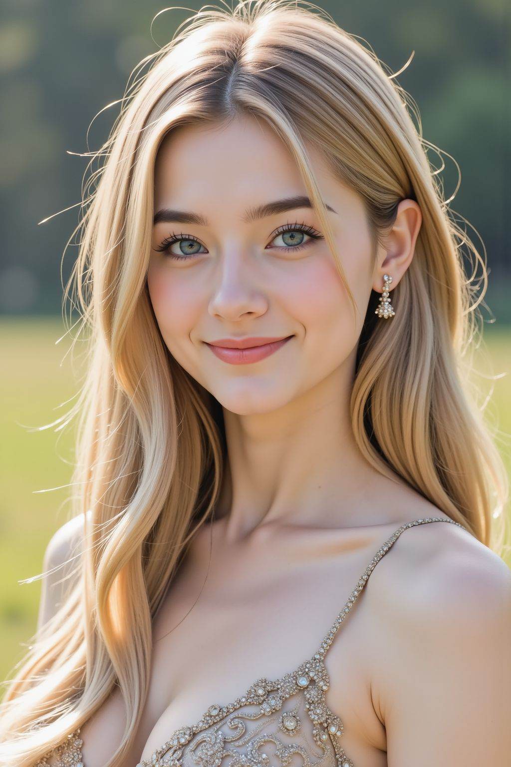 instagram photo, closeup face photo of 20 y.o, blue eyes, pale skin, smirk, blonde long straight hair, elegant dress, outdoors,
