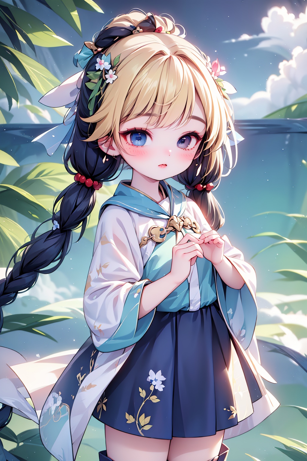 (best quality:1.4),(masterpiece:1.4),(8K:1.4),(extremely detailed:1.4),1girl,bangs,beach,bird,black legwear,(heterochromia:1.4),(red eyes:1.4),(blue eyes:1.4),very long blonde hair,cat ears clouds,blue sailor collar,blue skirt,blue sky,blush,red bow,closed mouth,cloud,cloudy sky,condensation trail,day,standing by the sea,