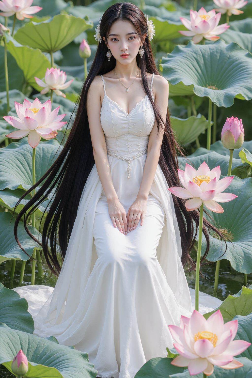 1girl, jewelry, lotus, solo, flower, long hair, hair ornament, dress, full body, earrings, black hair