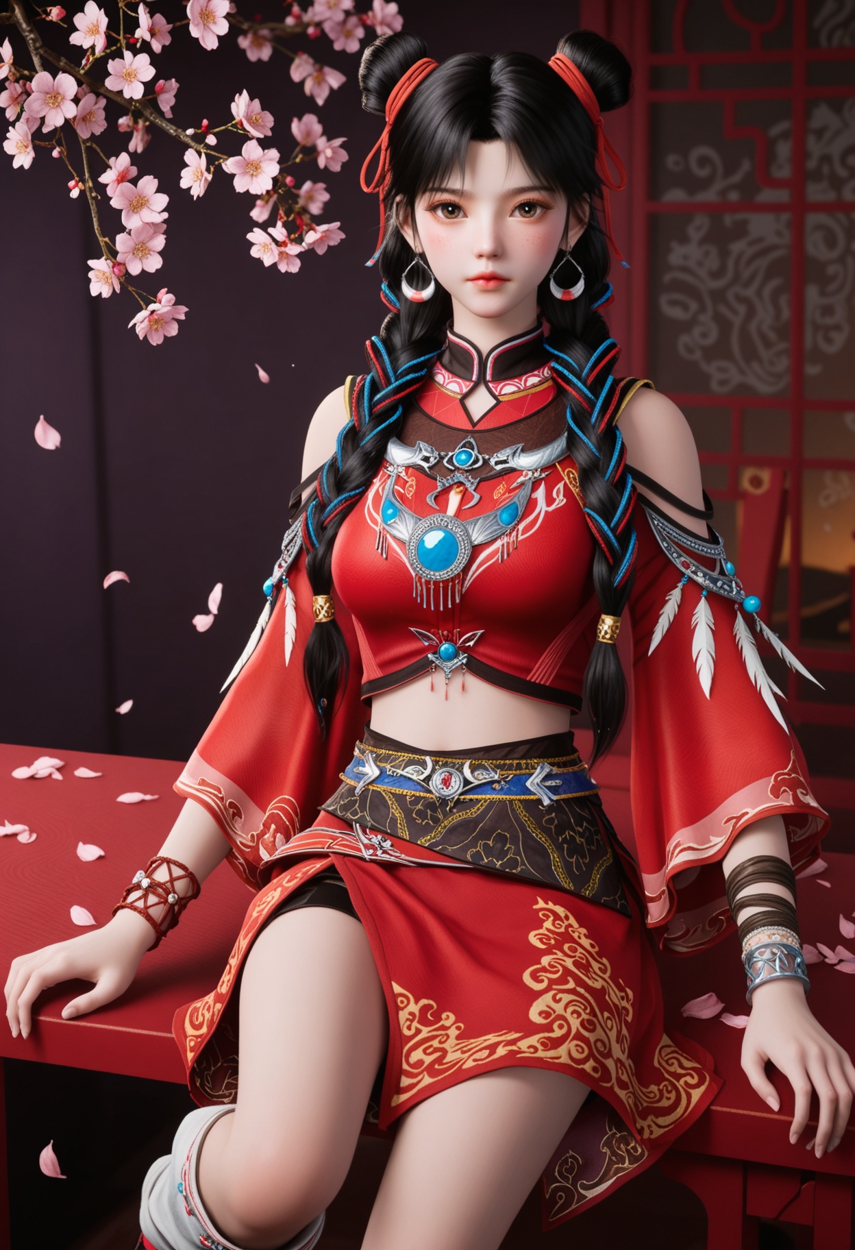 (cowboy shot:1.2),(looking at viewer:1.1),masterpiece,(best quality),smog,Dark room,dim lighting,peach blossom,falling petals,<lora:YQ_Illustrious光辉v5_白落衡_V1:0.8>,q1528437228,solo,1girl,jewelry,black hair,long hair,earrings,hair bun,braid,ribbon,hair ribbon,twin braids,double bun,brown eyes,chinese clothes,multiple braids,bracelet,crop top,skirt,multicolored hair,feathers,dress,red ribbon,red skirt,single hair bun,red dress,hair over shoulder,leg warmers,socks,shirt,brown hair,red shirt,necklace,freckles,shoes,long sleeves,detached sleeves,hair ornament,china dress,black eyes,multi-tied hair,wide sleeves,ribbon braid,black footwear,