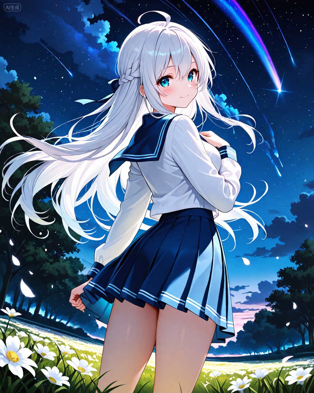 1girl, solo, blue eyes, long hair, outdoors, skirt, sky, braid, long sleeves, looking at viewer, night, school uniform, shirt, pleated skirt, sailor collar, looking back, star (sky), smile, white shirt, shooting star, blush, white hair, flower, closed mouth, night sky, starry sky, bangs, serafuku, blue sailor collar, ahoge, cowboy shot, standing, tree, from behind, hair between eyes, white skirt, cloud, breasts, french braid, blue skirt, grass, thighs, rainbow, medium breasts, very long hair, petals, floating hair, hand up, hand on own chest, white flower, miniskirt, Negative prompt: ((nsfw)),sketches,tattoo,(beard:1.3),(EasyNegative:1.3),badhandv4,(Teeth:1.3),(worst quality:2),(low quality:2),(normal quality:2),lowers,normal quality,facing away,looking away,text,error,extradigit,fewerdigits,cropped,jpegartifacts,signature,watermark,username,blurry,skinspots,acnes,skinblemishes,badanatomy,fat,bad feet,cropped,poorly drawn hands,poorly drawn face,mutation,deformed,tilted head.bad anatomy.bad hands,extra fingers,fewer digits.,extra limbs.extra arms,extra legs,malformed limbs.fused fingers.,too many fingers,long neck,cross-eyed,mutated hands,bad body,bad proportions,gross proportions,text,error,missing fingers,missing arms,missing legs,extra digit,extra arms,extra leg,extra foot,missing fingers,nsfw,,nsfw, Steps: 25, Sampler: DPM++ 2M Karras, CFG scale: 7.0, Image CFG scale: 1.5, Seed: 1580609325, Size: 1024x1280, Model hash: 9fefdb2c24, Model: 我大多数_1.0.safetensors, Denoising strength: 0.4, Clip skip: 2, RNG: CPU, Mask blur: 4, vae_name: automatic