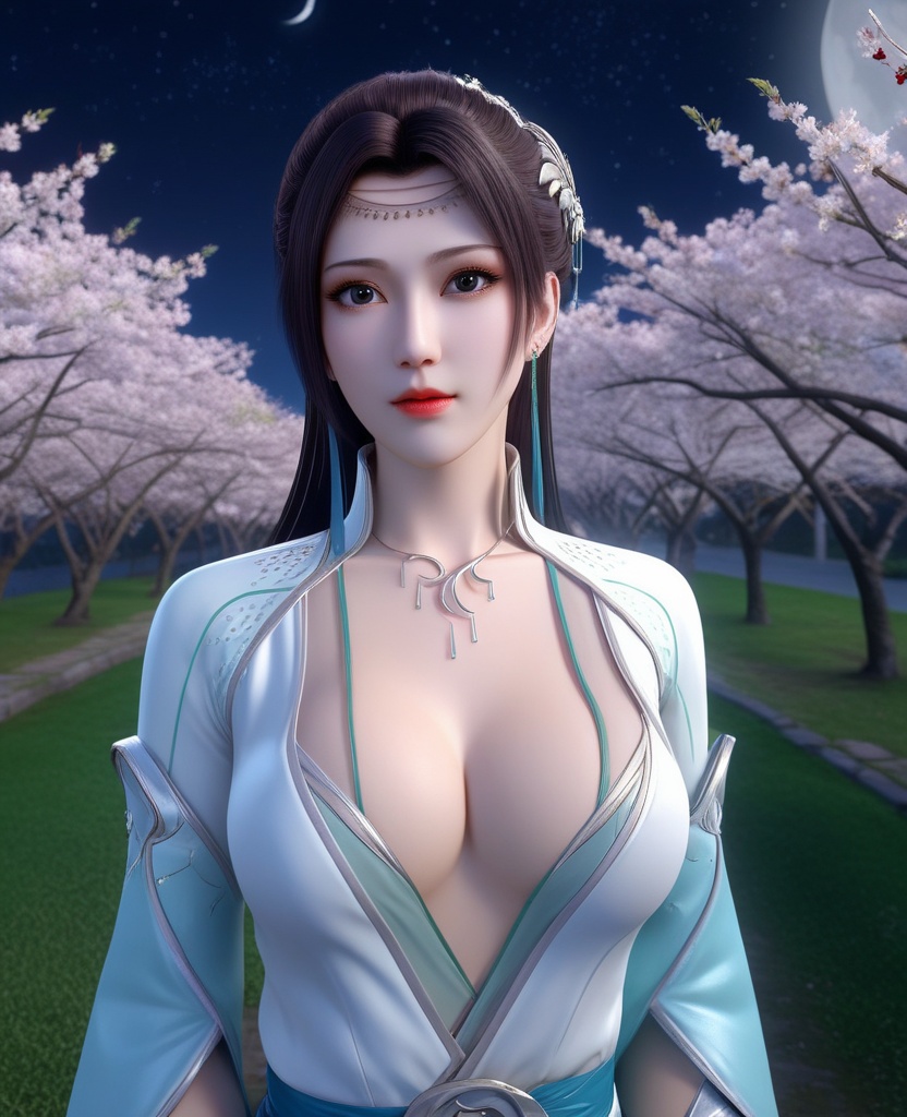 <lora:575-DA-XL-斗破苍穹-云韵-绿服:0.8>(,1girl, ,best quality, ),looking at viewer,masterpiece,(( , )),, realistic,science fiction,mole,,ultra realistic 8k cg,     ,cherry blossoms,,night, night sky, crescent moon, moonlight,,(facing viewer, looking at viewer, , ),  (cleavage), (),