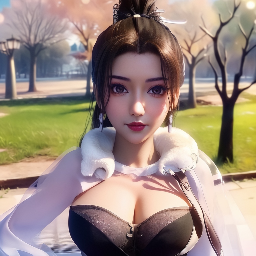 <lora:783-DA-万界至尊-李雪衣-毛领:0.8>, (,1girl, ,best quality, ),looking at viewer,  ,, ultra detailed background,ultra detailed background,ultra realistic 8k cg,,masterpiece, (( , )), fiction,mole,  ,     ,see-through, lace, (cleavage),, (((, solo, sun, , bare_tree, )))