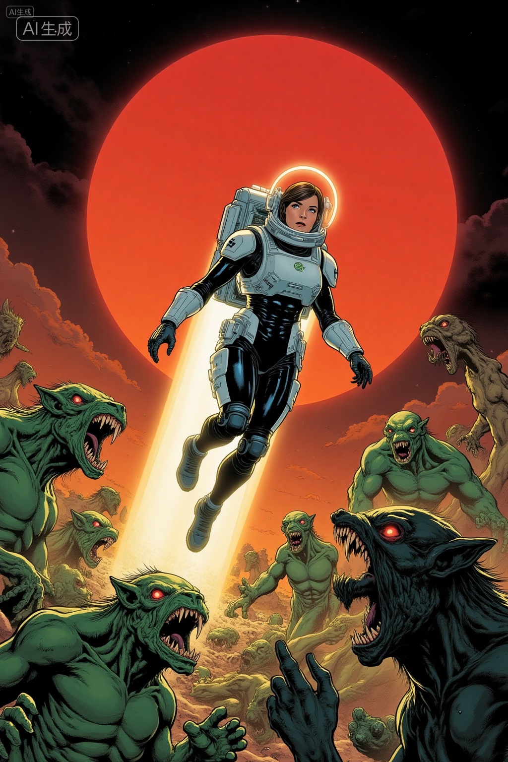 This is a digital illustration in a comic book style. It depicts a futuristic female astronaut with a shiny,black and white armored suit and a clear helmet,flying through a dark,otherworldly landscape. She is emitting a bright beam of light from her suit. Surrounding her are grotesque,green,monster-like creatures with sharp teeth and muscular builds,some with red eyes and open mouths. The background features a large,glowing red moon against a dark,orange sky. The creatures are positioned in the foreground,with one in the bottom right corner looking up menacingly. The overall mood is intense and dramatic.,, Negative prompt: ng_deepnegative_v1_75t,(badhandv4:1.2),EasyNegative,(worst quality:2),,nsfw, Steps: 20, Sampler: Euler, CFG scale: 3.5, Seed: 1182464532, Size: 1024x1536, Model hash: 8cba4f1ef4, Model: F.1基础算法模型-哩布在线可运行_F.1-dev-fp8.safetensors, Denoising strength: 0, RNG: CPU, Lora 1: 56756879, Lora Hash 1: 6dc067ab07, Lora Weight 1: 0.8, vae_name: automatic