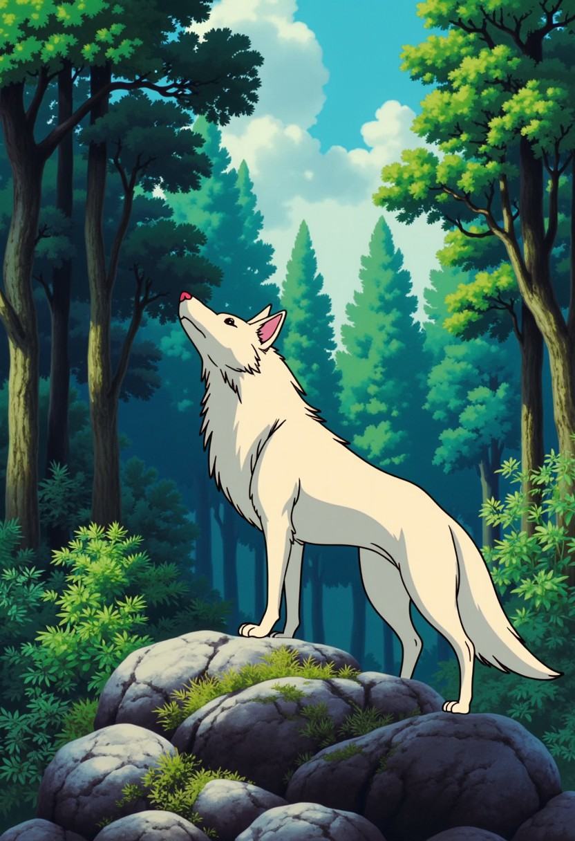 Ghiblistyle,  outdoors,  wolf standing on rock on Tensor.Art