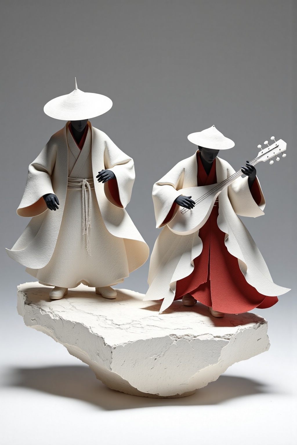beijihui,two Asian figures are standing on a white rock formation. The figures are dressed in traditional Asian clothing,adorned with a white hat,black gloves,and a red dress. The figure on the left is dressed in a white kimono,while the one on the right is holding a stringed instrument. They are standing in front of a gray background,their shadows cast on the white surface beneath them.,