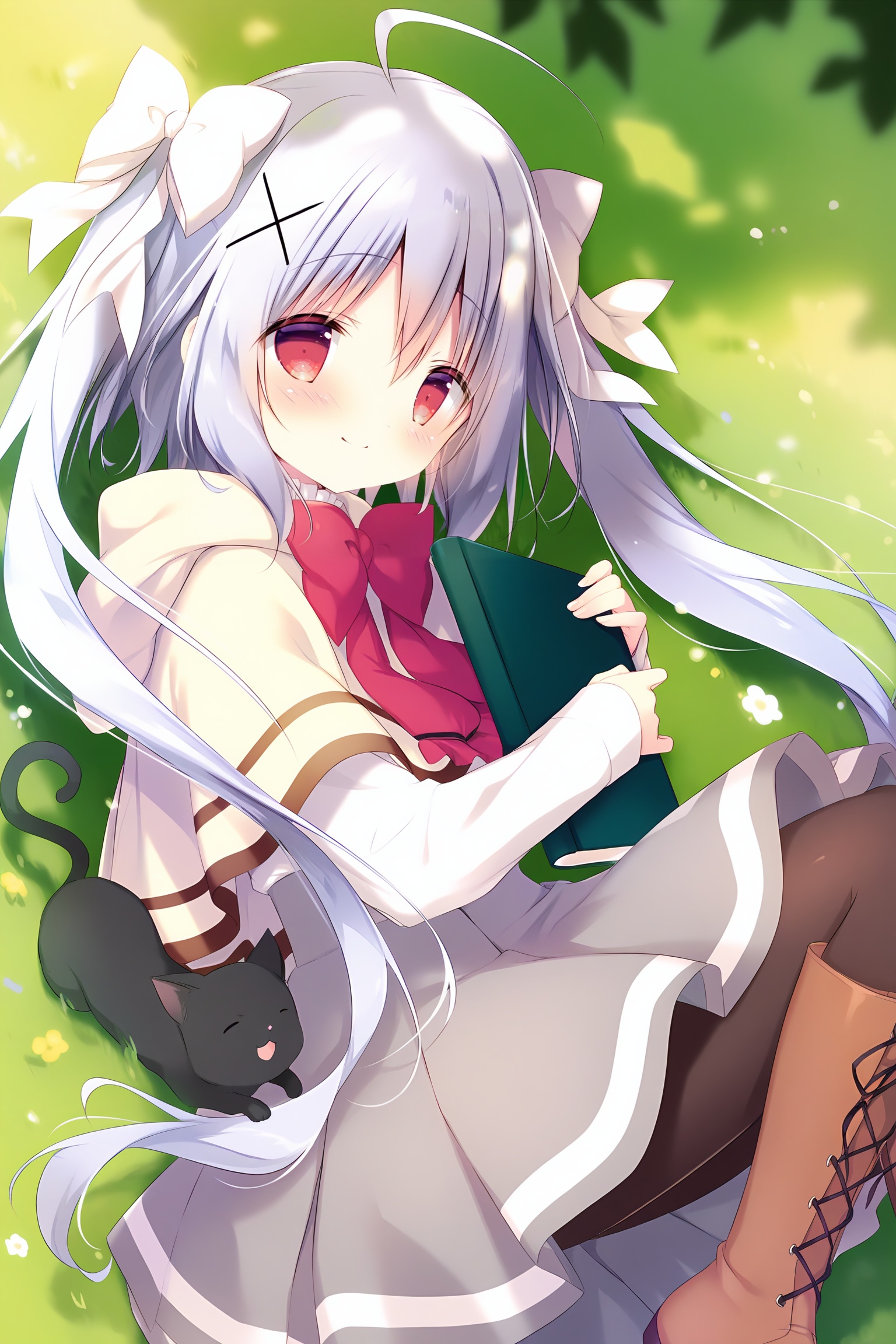 shiratama, 1girl, boots, bow, pantyhose, skirt, brown footwear, cat, smile, lace-up boots, solo, twintails, hood, long hair, animal, hair bow, red bow, black cat, cross-laced footwear, x hair ornament, closed mouth, hood down, on side, bangs, blush, white shirt, shirt, long sleeves, ahoge, lying, grey skirt, red eyes, hair ornament, pleated skirt, capelet, very long hair, hair between eyes, looking at viewer, white bow, black pantyhose, on grass, frills, knee boots, hooded capelet, brown capelet, outdoors, holding, brown pantyhose, grey hair, book, frilled skirt, sleeves past wrists