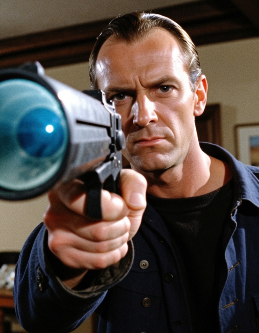 man pointing a gun at camera,  hero actioneh80retrofilms on Tensor.Art