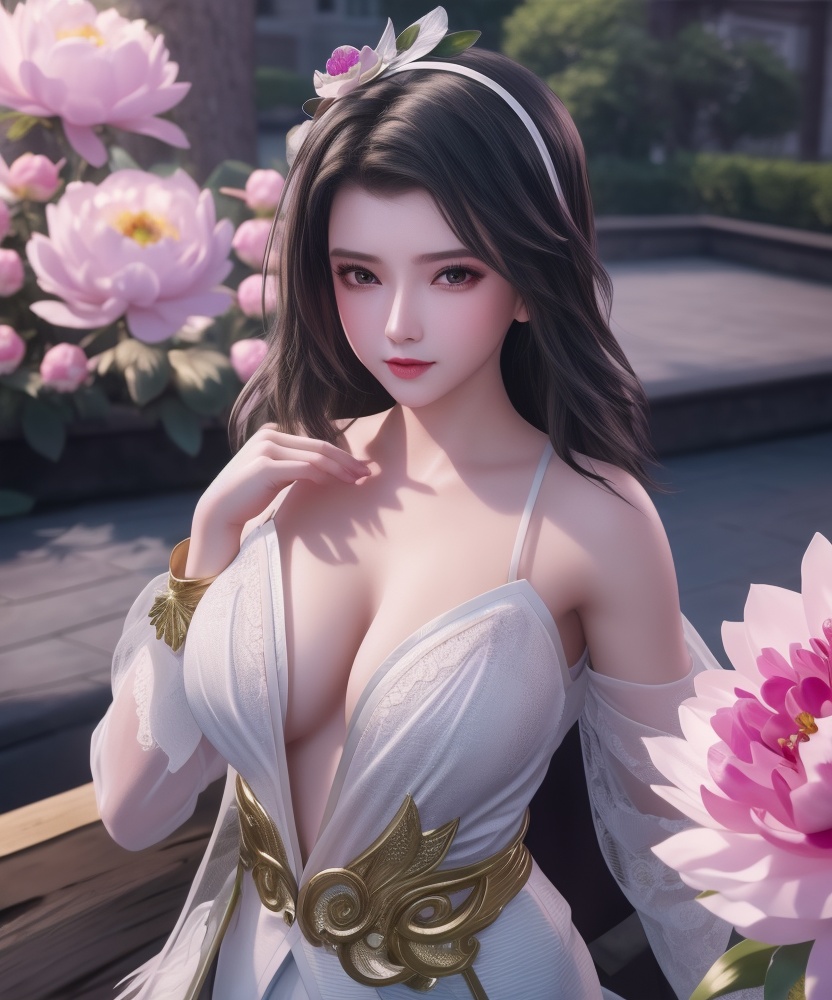 <lora:542-DA-万界至尊-青雉:0.8>(,1girl, ,best quality, ),looking at viewer,  ,,ultra detailed background,ultra detailed background,ultra realistic 8k cg, , ,masterpiece, (( , )),,, ultra realistic 8k cg, ,      ,peony \(flower\),(cleavage), (),