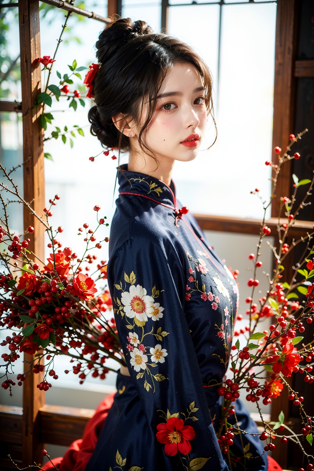 masterpiece,ultra high res,realistic,finely detail,extremely detailed,1girl,solo,brown_hair,black_hair,hair_ornament,brown_eyes,jewelry,(full body:1.3),flower,earrings,hair_bun,blurry,from_side,chinese_clothes,looking_up,freckles,standing,lipstick,red_lips,makeup,lips,