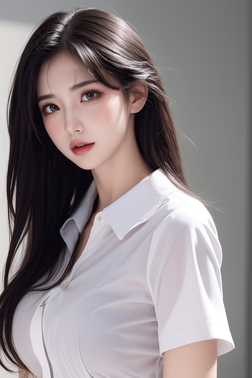 1girl, black hair, bra, bra visible through clothes, breasts, brown eyes, collared shirt, large breasts, lips, long hair, looking at viewer, nose, photorealistic, realistic, see-through, shirt, short sleeves, solo, underwear, upper body, wet clothes, wet shirt, white shirt, wing collar <lora:美女:0.8>