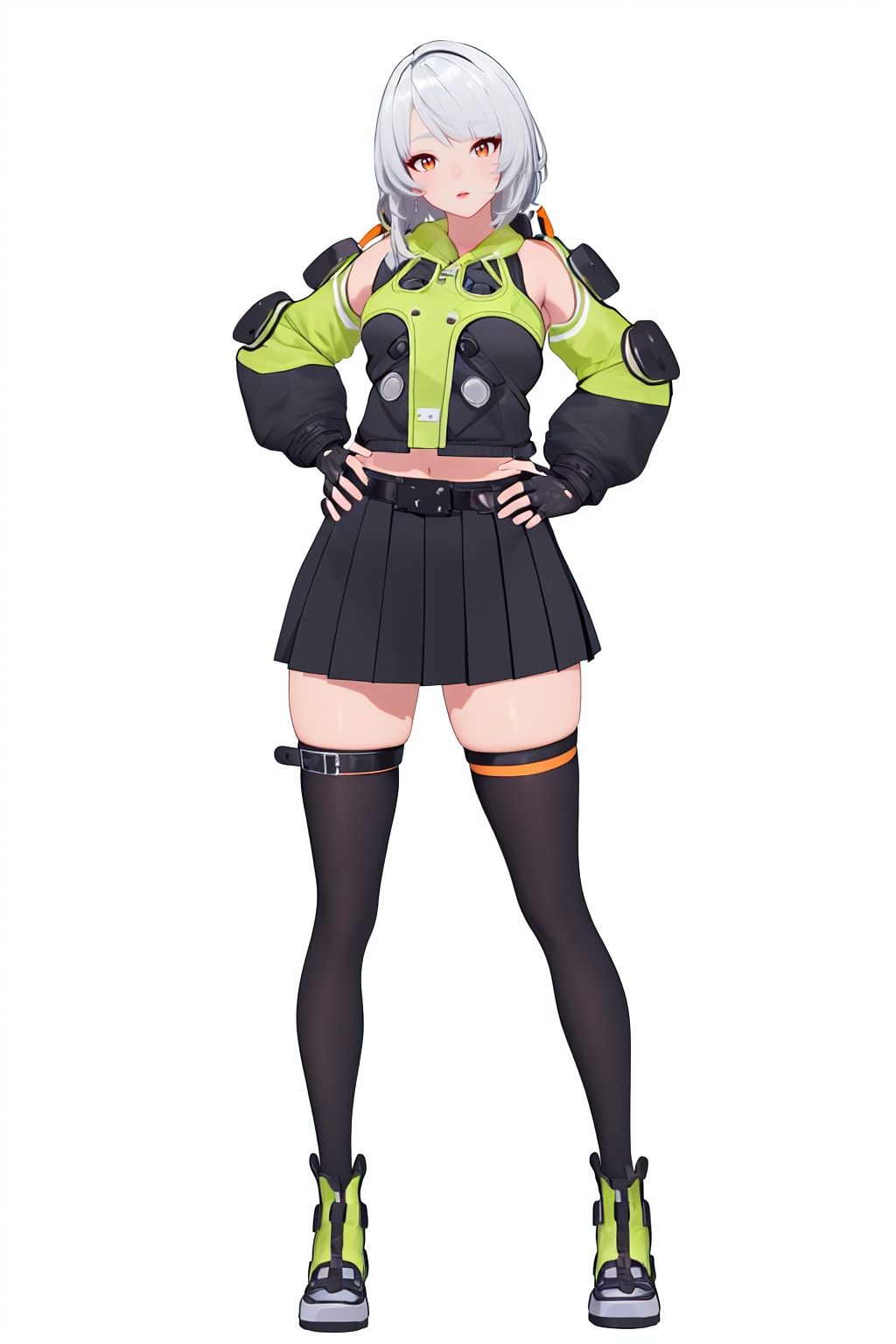 8k, best quality, masterpiece, (ultra-detailed), (high detailed skin), (full body:1.25), (white background:1.4), (simple background), standing, looking at viewer, (solo:1.2), hands on hips, <lora:anbi-sd-Tanger:1>, anbi, default clothes, 1girl, black fingerless gloves, black thighhighs, orange eyes, black  pleated skirt, 