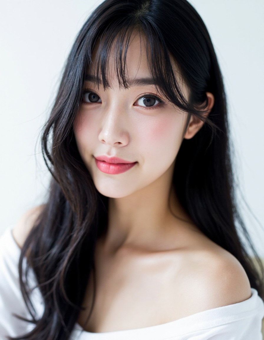 masterpiece,best quality,a Chinese young girl,smile,white background,black hair,long bob hair,face front,close-up:1,studio light,studio,side light,makeup portrait,wear white top,