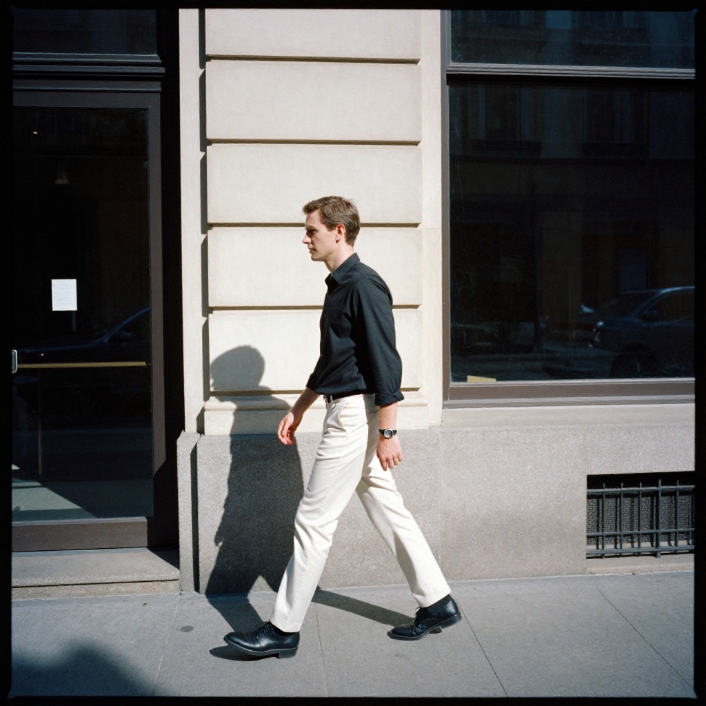analog film photo of cinematic style,  Kodak Portra 400 analog film stocks of a man walking down a sidewalk past a buildin...