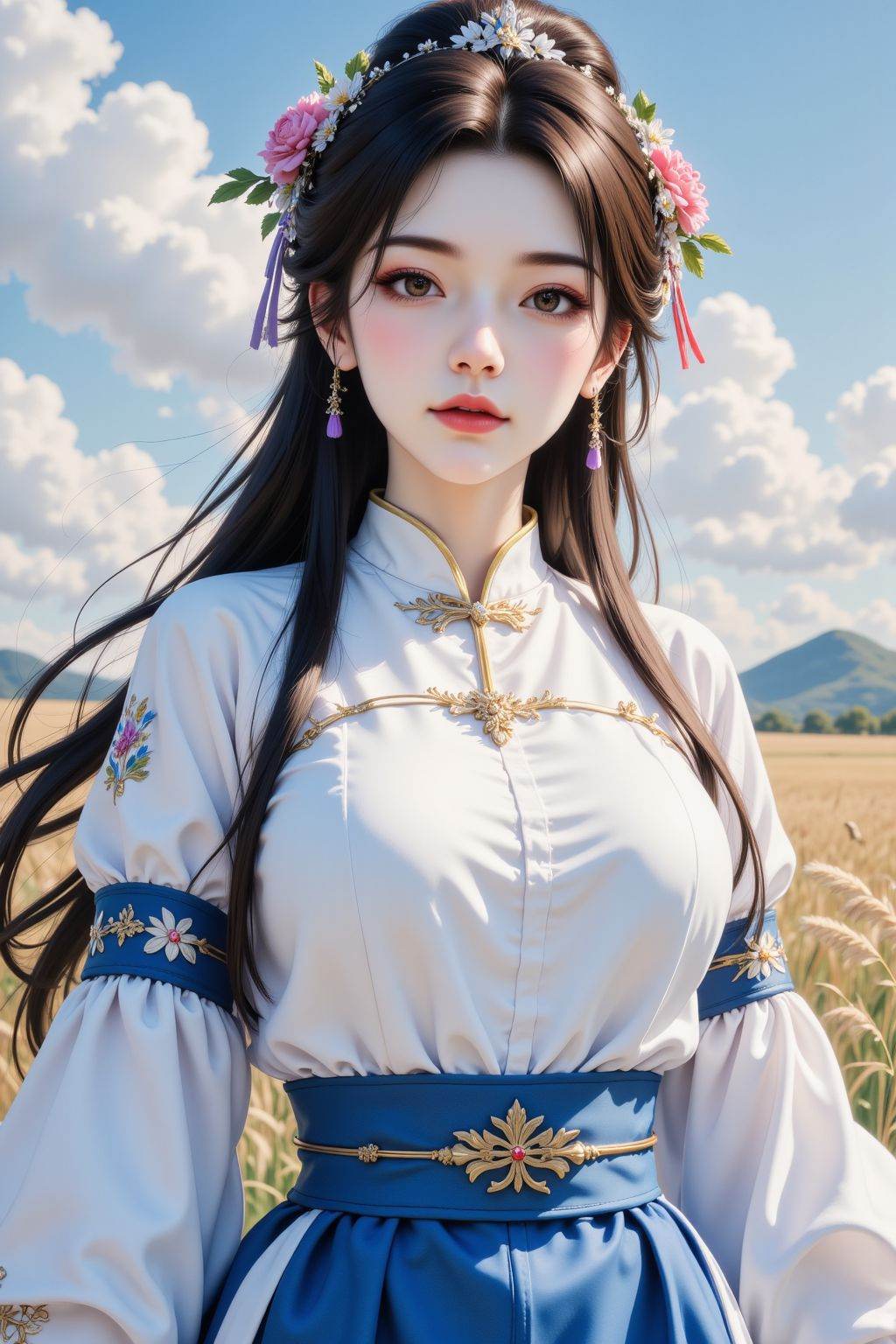 girl with long hair and brown eyes, wearing a blue chinese skirt,