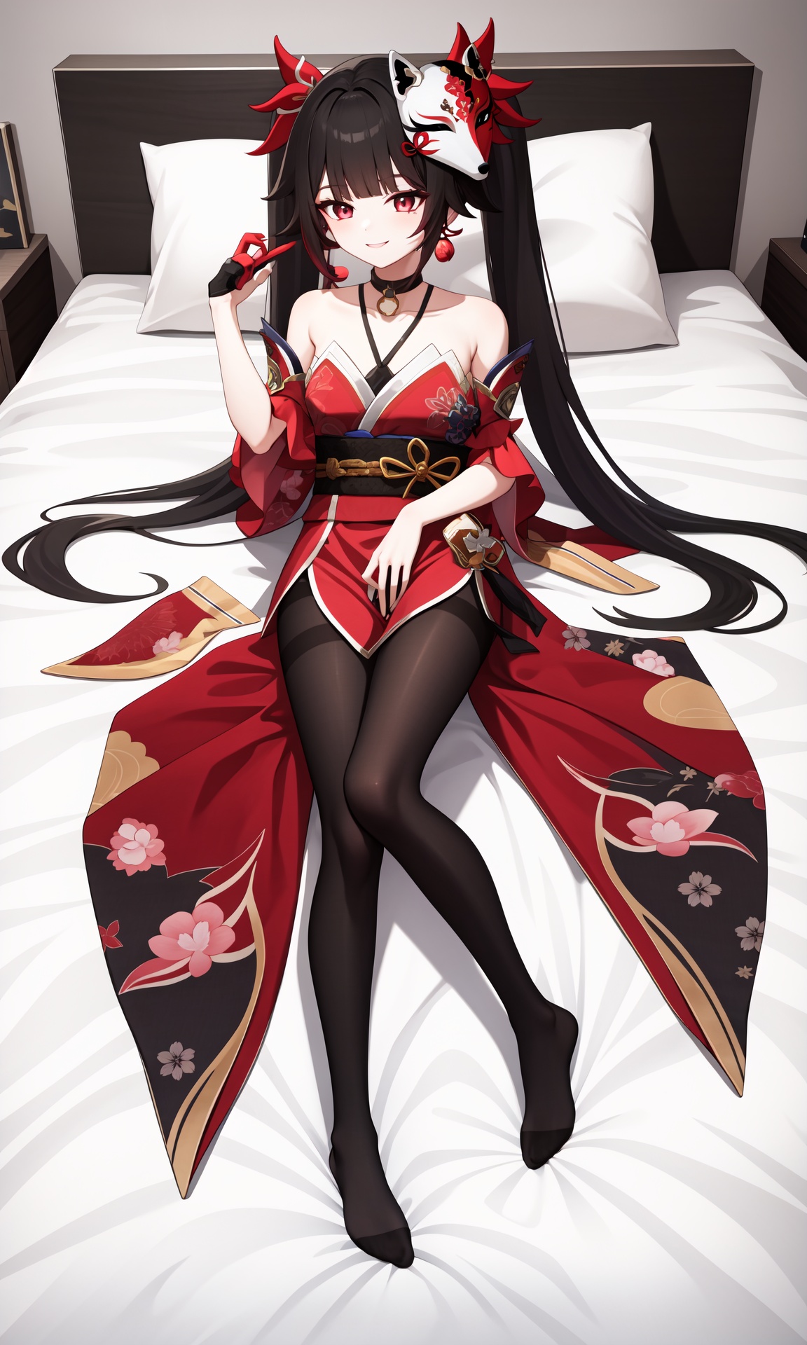 sparkle \\\(honkai: star rail\\\),1girl,solo,mask,twintails,black hair,long hair,fox mask,smile,japanese clothes,bare shoulders,kimono,choker,bangs,<lora:花火-000020:1>,lying on bed,bedroom,indoors,(full body:1.2),(black pantyhose:1.2),, 1girl,,  (masterpiece,best quality:1.2),absurdres