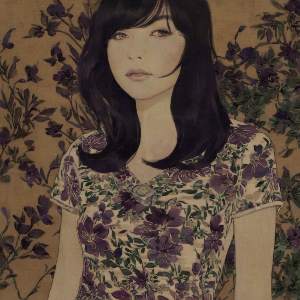 <lora:ukiyo-e_xl_v2:1>,1girl, solo, long_hair, looking_at_viewer, bangs, black_hair, dress, closed_mouth, short_sleeves, white_dress, lips, floral_print, print_dress, jewelry, flower, necklace, blinds, a portrait of a young woman with long and dark hair, She has a calm and serene expression, The woman is wearing a dress with a floral pattern, predominantly in shades of purple and green, The background of the image is a muted beige or light brown and which contrasts with the vibrant colors of the dress, The artwork appears to be a hand-drawn illustration possibly created using ink or watercolors, young woman, long dark hair, calm and serene expression, dress with floral pattern, shades of purple and green, muted beige or light brown, hand-drawn illustration