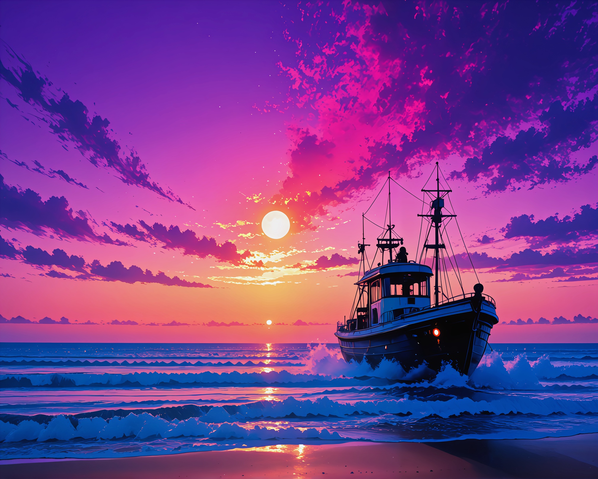 lone rowboat on a beach at sunset,  long dramatic shadows stretching across sand,  vibrant fiery orange and pink sky refle...