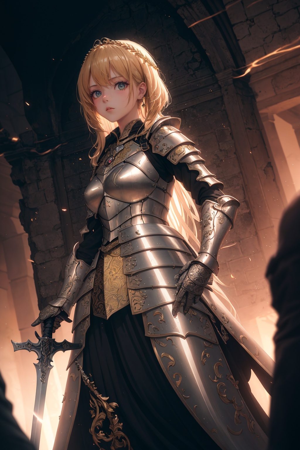 masterpiece,best quality,amazing quality,very aesthetic,absurdres,newest,extreme aesthetic,in the style of fashion photography,light particles,cinematic lighting,Visual impact,sharp focus,Emotionalization,depth of field,dutch angle,scenery,intense light,golden light in the dark,girl holding the sword,tight armor,intricate textures,real metal material,