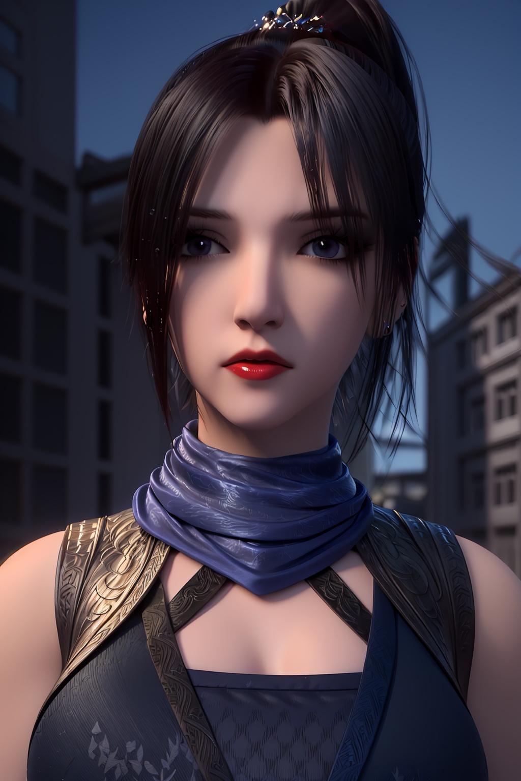 3D,masterpiece,(best quality),(makeup),official art, extremely detailed cg 8k wallpaper,((crystalstexture skin)), (extremely delicate and beautiful),(highly detailed),(face),(ponytail),(scarf),(1girl), (solo), (jewelry), (earrings),(black_hair),(long_hair),(hair_ornament),(handwear),(breasts),((portrait)),(closed_mouth),(chinese_clothes),(shiny_clothes),(city,outdoor),,((looking_at_viewer)),((Facing the camera)),, <lora:hipoly3DModelLora_v10:0.3>