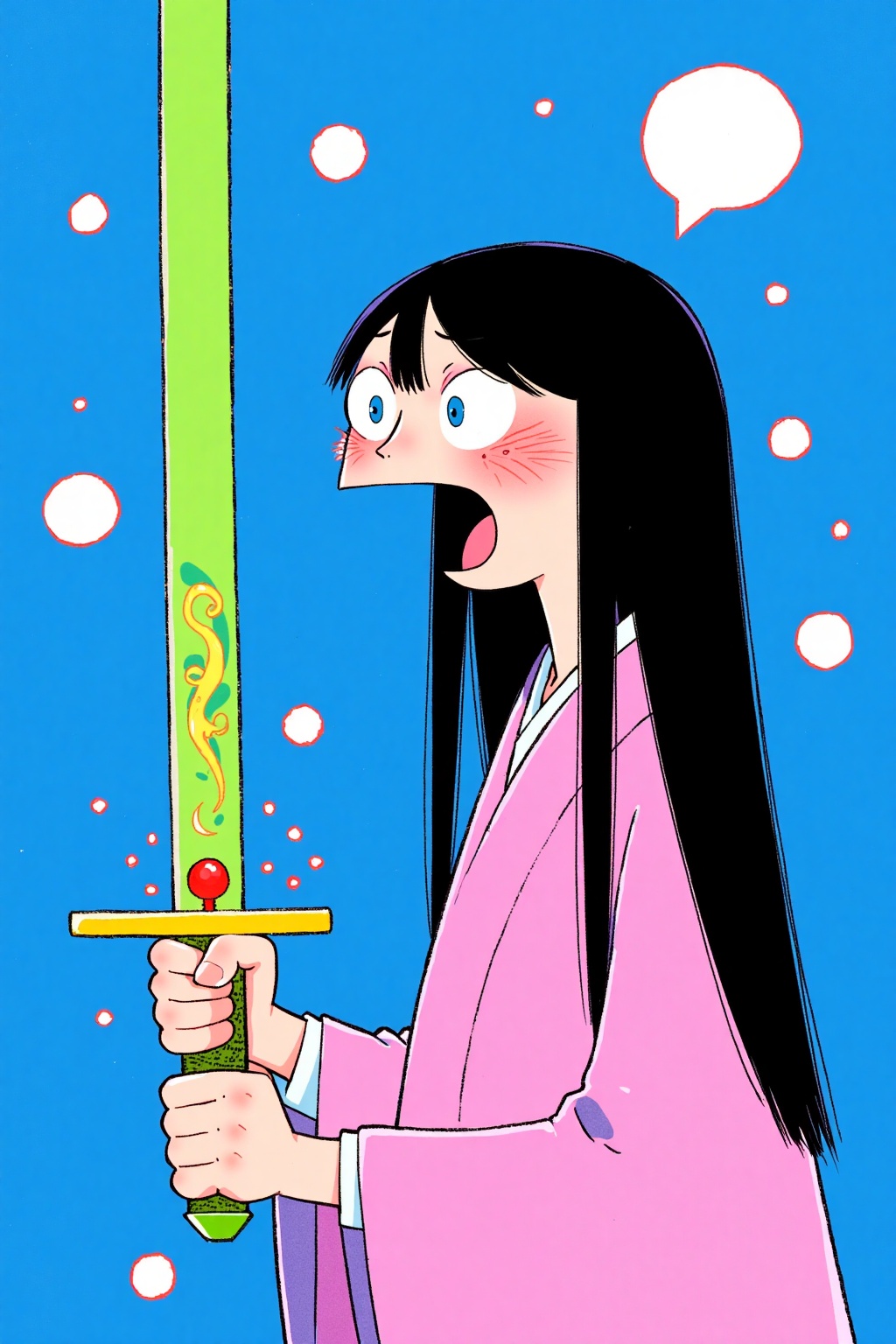 beijihui,A cartoon drawing of a woman with long black hair and a pink face. She is holding a sword in her right hand. The sword has a green handle with a red knob on it. The handle has a yellow design on it with green swirls. The woman's mouth is open and her eyes are blue. The background is a bright blue with white dots.