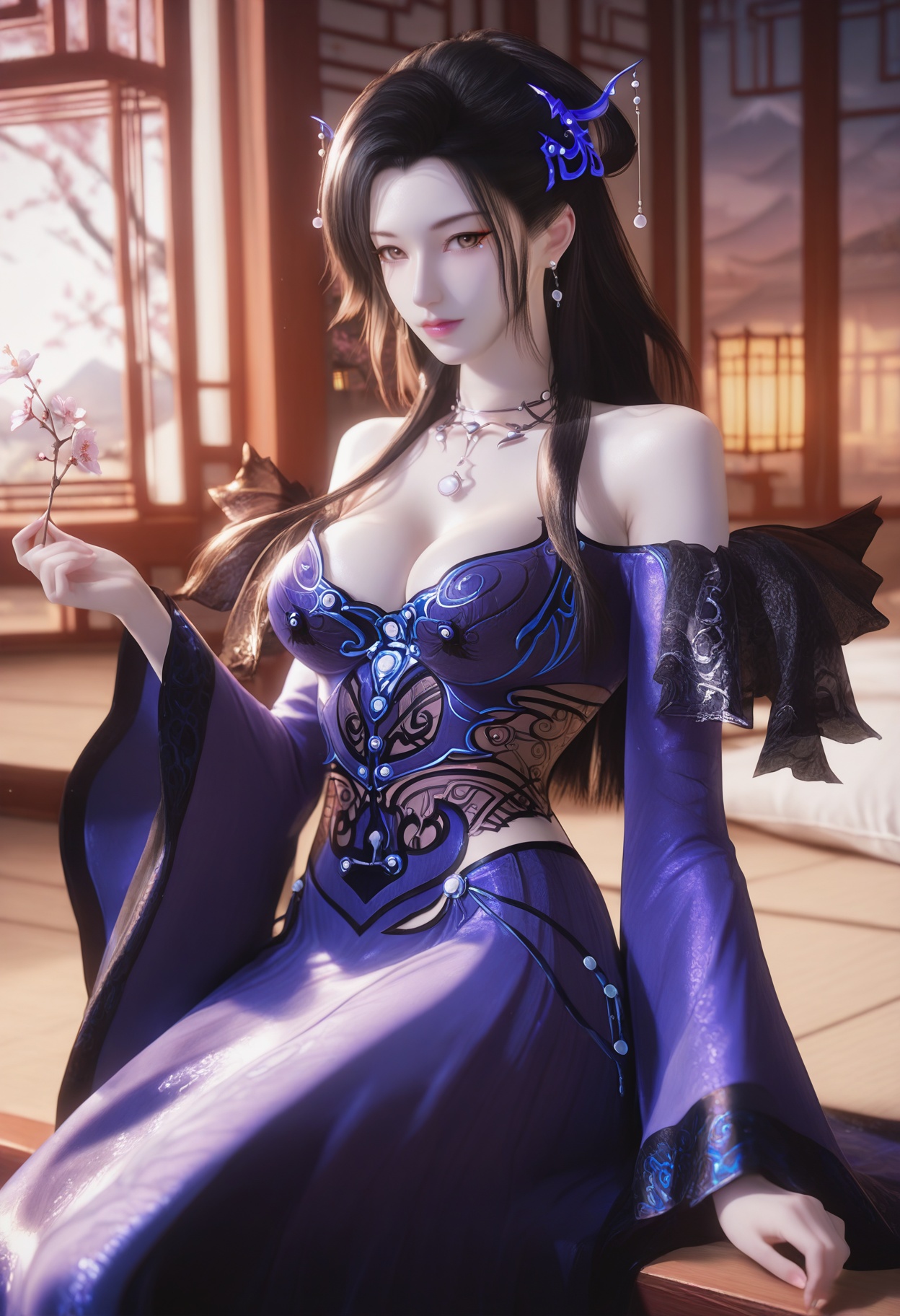 Chao_nvyao,1girl,black hair,hair ornament,jewelry,long hair,earrings,bare shoulders,cleavage,necklace,makeup,brown eyes,<lora:Chao_nvyao_5_illu-000016:0.75>,dress,purple dress,blue dress,detached sleeves,wide sleeves,photorealistic,hyperrealistic,<lora:realistic filter [IL]:1>,(pale skin0.5),sitting,lantern,open window,looking at viewer,indoors,mountains,blossoms,flowers,east asian architecture,beautiful sunrise,warm ambient temperature,