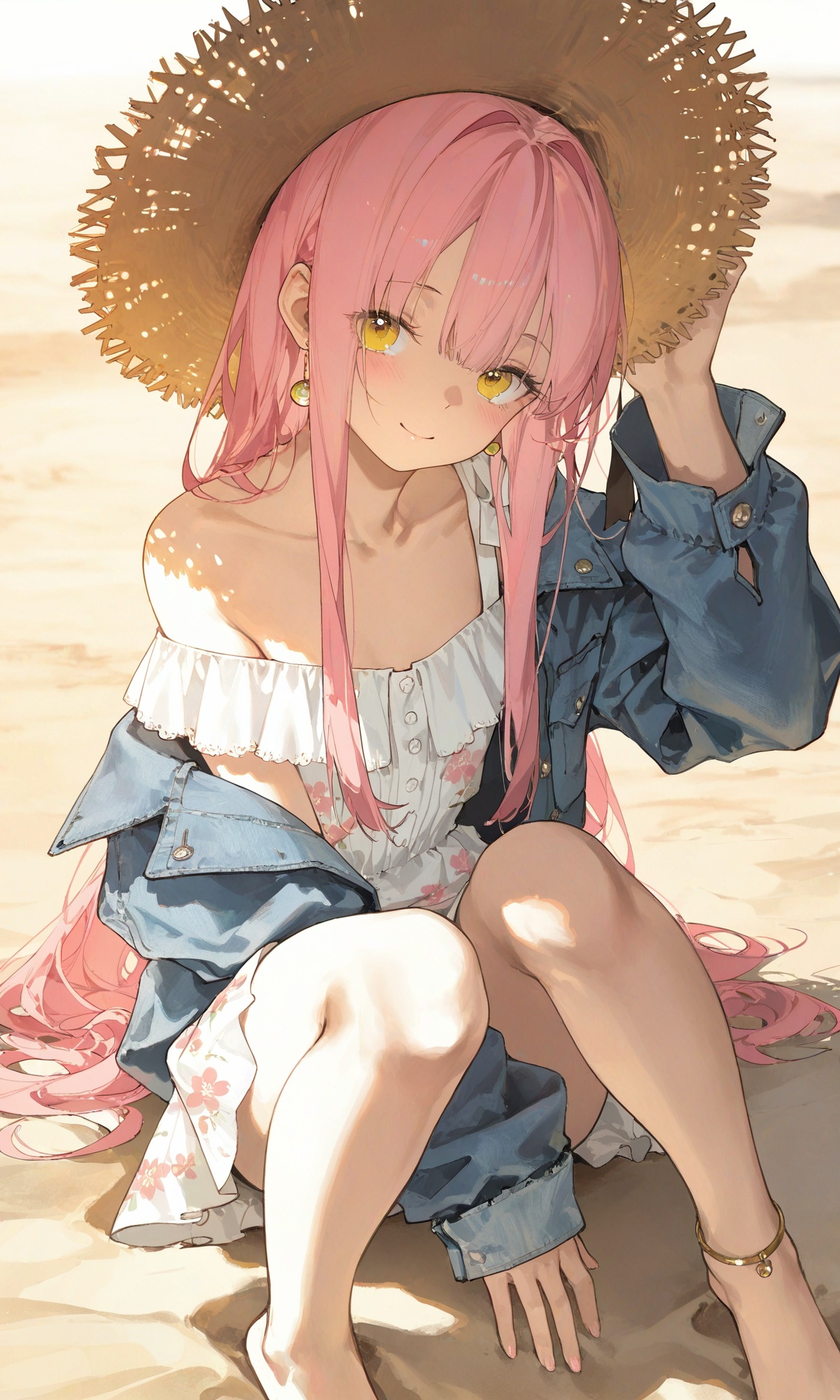 simple,sketch lines,mixed media,conceptual art,z3zz4,dino \(dinoartforame\),ichika \(ichika87\),toosaka asagi,nekojira,rhasta,rella,masterpiece,best quality,solo,petite,pink hair,long hair,wavy ends,yellow eyes,gentle smile,rosy cheeks,off-shoulder sundress,floral print,unbuttoned denim jacket,loose sleeves,bare shoulders,straw hat,anklet,barefoot on sand,