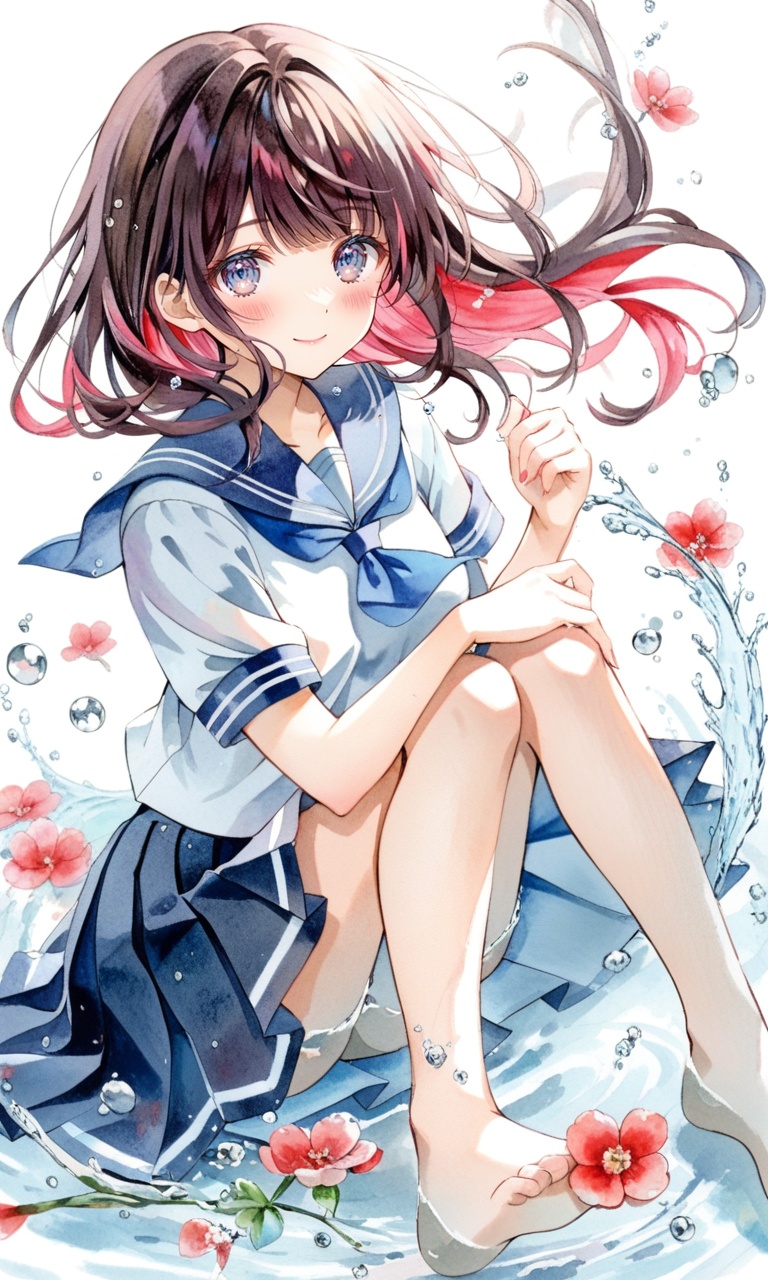 1girl, solo, skirt, barefoot, flower, school uniform, serafuku, pleated skirt, blue skirt, short sleeves, sitting, shirt, white shirt, sailor collar, looking at viewer, long hair, white background, black hair, multicolored hair, bangs, closed mouth, bare legs, blush, smile, bubble, blue sailor collar, full body, water, water drop, neckerchief, ribbon, painting (medium), necktie, simple background, colored inner hair, brown hair, traditional media, red ribbon, floating hair, two-tone hair, watercolor (medium), red hair, blue eyes, pink flower, red flower, grey eyes, white flower, feet, miniskirt, pink hair, blue neckerchief, medium hair