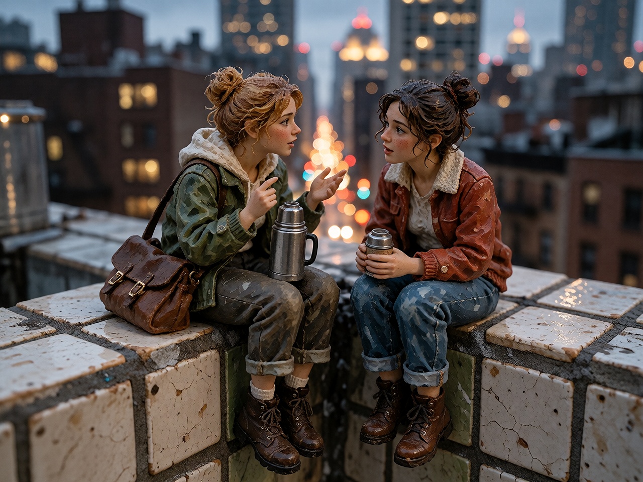 ntimate macro photograph of two tiny painted miniature women sitting side by side on the broad tiled ledge of a real apart...
