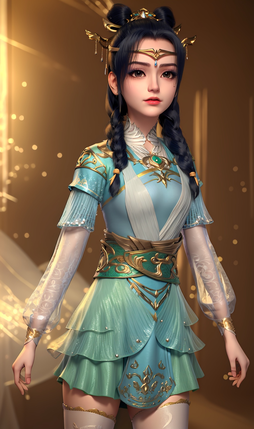 3D,masterpiece,(best quality),(makeup),official art, extremely detailed cg 8k wallpaper,(1girl),((crystalstexture skin)), (extremely delicate and beautiful),(highly detailed),(face),(collar),(twin_braids),(gold_trim),(twintails),(headdress),(forehead_mark),(female_child),, (solo), (jewelry), (earrings),(blue_hair),(long_hair),(hair_ornament),(handwear),,(small_breast),(standing),((upper_body)),((thighs)),(closed_mouth),(skirt),(chinese_clothes),(dress),,(multicolored_clothes),(multicolored_dress),(shiny_clothes),(city,indoor,bed),(sash),(armor),(wristband),(thighhighs),,((looking_at_viewer)),((Facing the camera)),, <lora:hipoly3DModelLora_v10:0.3>