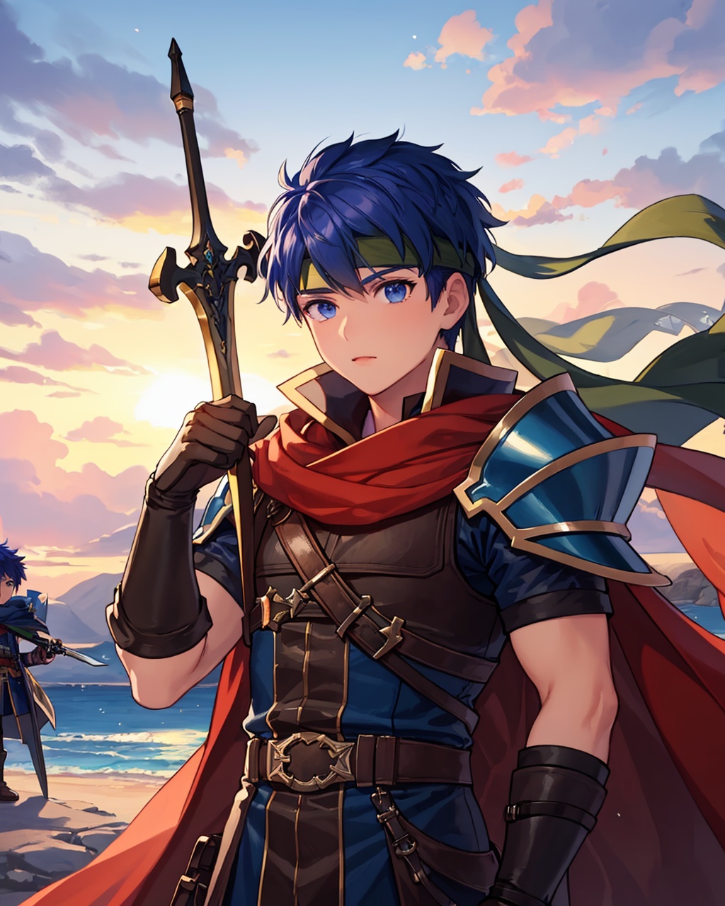 masterpiece,best quality, highly detailed, ike (fire emblem), sword, cape, headband, gloves, male focus, armor, mask, 2boys, chibi,<lora:ike_(fire_emblem):1>