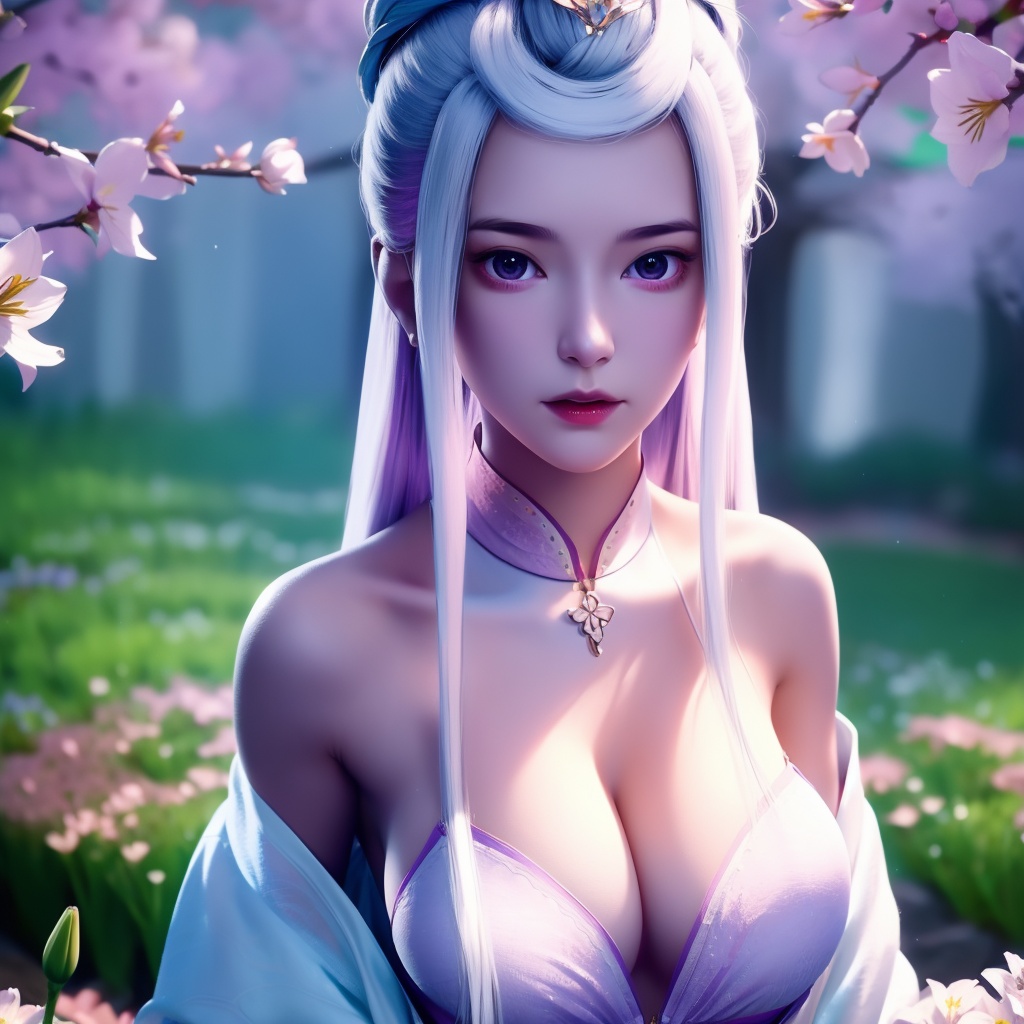 <lora:769-DA-念无双-韩女:0.8>, (,1girl, ,best quality, ),looking at viewer,  ,ultra detailed 8k cg,ultra detailed background,ultra realistic 8k cg,1girl, solo,(bare shoulders:0.85),(masterpiece, best quality),((oil painting style)),sexy young lady,(beautiful face and eyes),(upper body:1.5),(whole body:1.05),(single person:1.2),surrounded by flowers, (lily), roses, floret, vegetation, white, purple, purplish pink,Impressionism,colorful,(Breast size:1.3),(cleavage),,