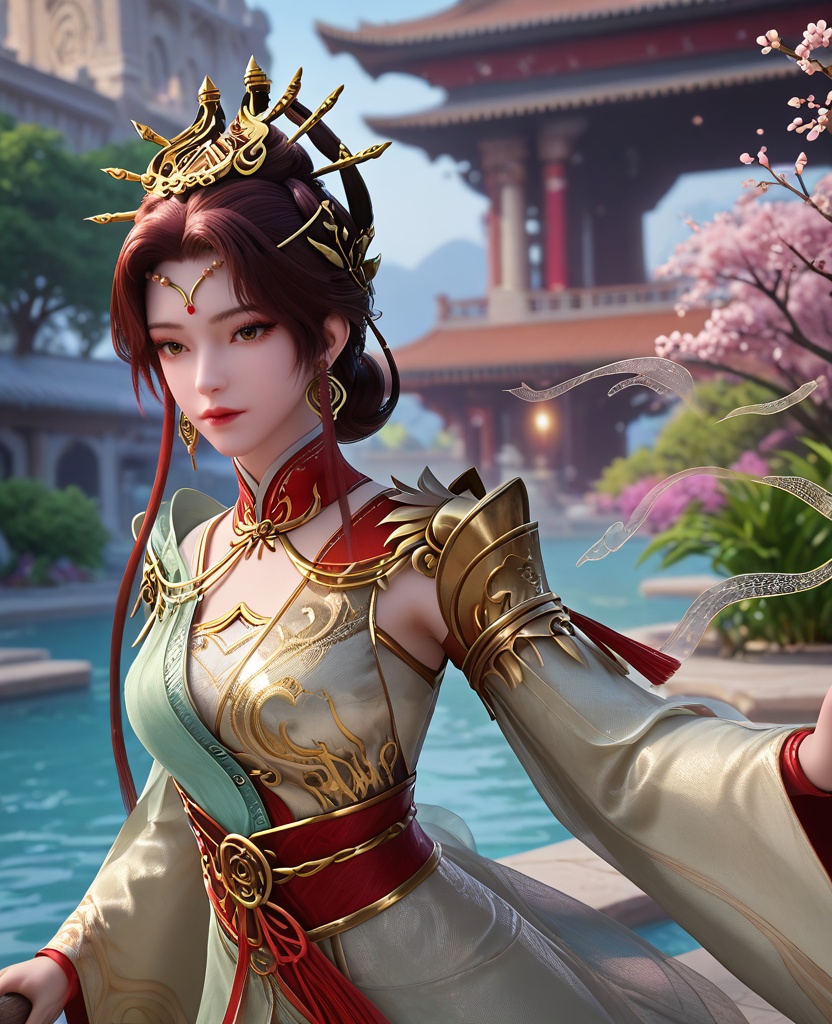 (oriental architecture, elegant decor, sophisticated style:1.1),Standing, hand on a tree or pole,,(breasts:1.2),<lora:XL16完美世界真仙英灵:0.95>,1girl,two-tone celadon and red cross-collar hanfu,brown eyes,brown hair,traditional chinese updo with long front strands,hair ornament,earrings,jewelry,wide flowing sleeves,sash,, zPDXL2, score_9, score_8_up, score_7_up BREAK realistic, masterpiece,best quality, highly detailed,, zPDXL3, zPDXL2,zPDXL, zPDXLxxx, zPDXLrl,