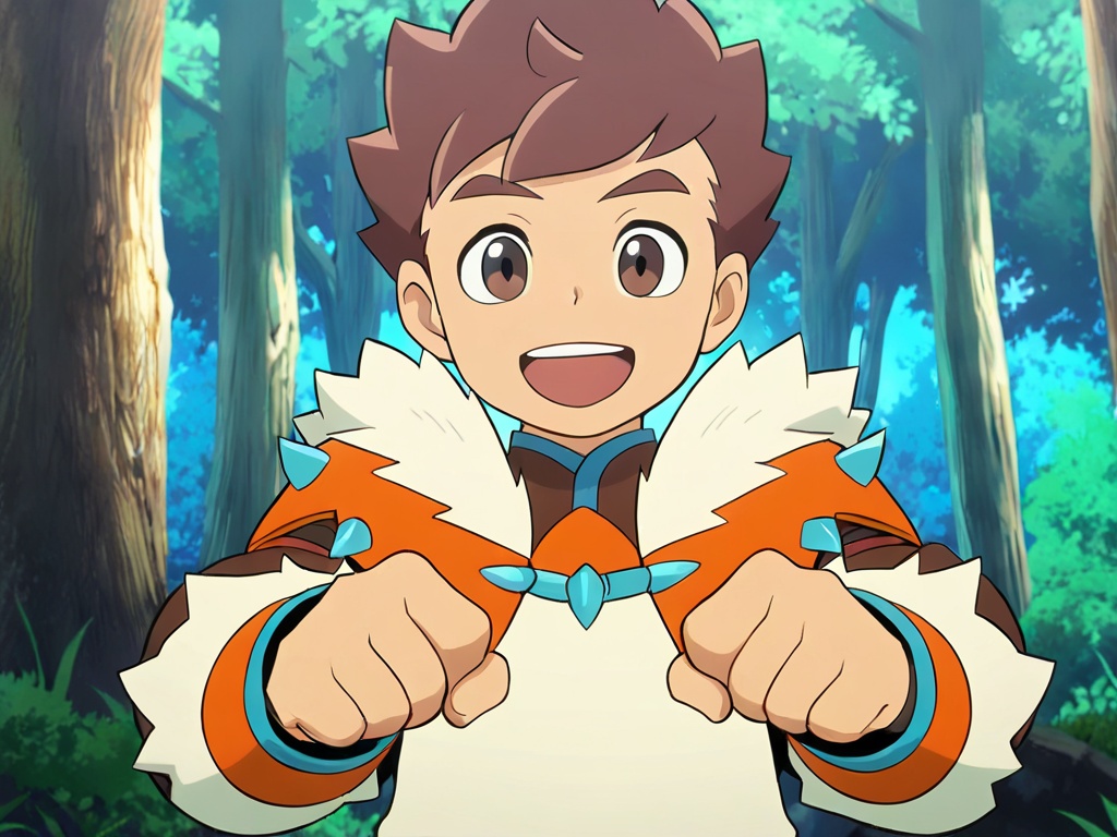 <lora:MHS_Lute_XL:1>,monster hunter \(series\),monster hunter costume,do not split pictures,best quality,best detail,masterpiece,NSFW,male focus,forest,solo,1boy,male_child,petite,brown hair,brown eyes,short hair,(long eyebrows:0.8),happy,perfect hands,(5fingers:1.3),correct anatomy,huge filesize,available light,full_shot,
