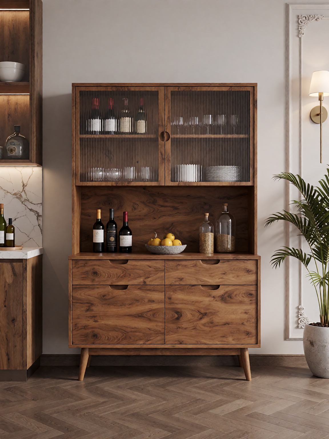 A luxury India modern space scene in which a mid-century modern-style kitchen cabinet with fluted glass doors and two rows...