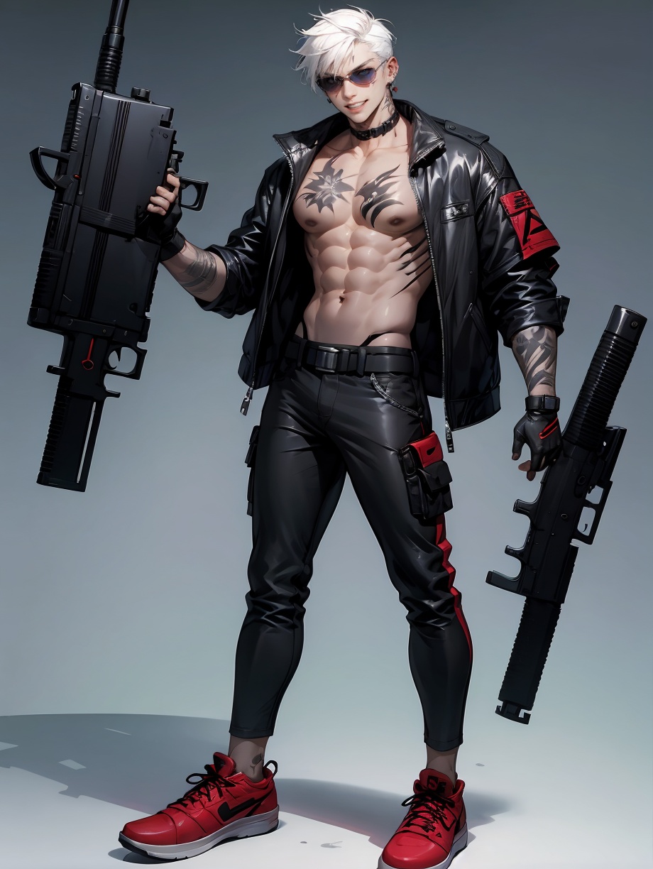 hezi, Cyberpunk, Sotai, weapon, 1boy, male focus, gun, abs, gloves, solo, holding weapon, holding, tattoo, jacket, white background, pants, smile, white hair, holding gun, muscular, simple background, shoes, piercing, black gloves, navel, red footwear, belt, muscular male, assault rifle, rifle, looking at viewer, pectorals, ear piercing, standing, open clothes, fingerless gloves, teeth, black jacket, sneakers, full body, earrings, short hair, sleeves rolled up, arm tattoo, jewelry, open jacket, cropped jacket, grin, leather, black pants, grey eyes, no shirt, pouch, chest tattoo, bare pectorals, ar-15, bara, parted lips, scar, m4 carbine, zipper, sunglasses, black belt, blue eyes, black eyes, topless male<lora:索泰:0.7>