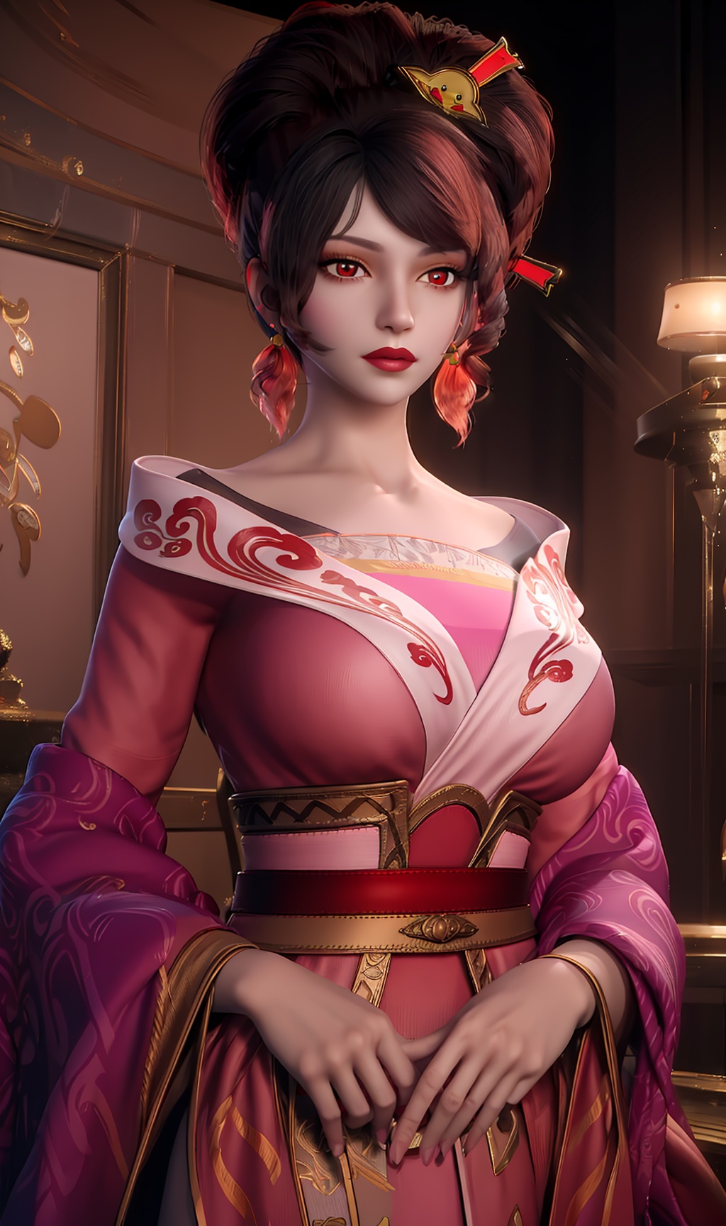 3D,masterpiece,(best quality),(makeup),official art, extremely detailed cg 8k wallpaper,((crystalstexture skin)), (extremely delicate and beautiful),(highly detailed),(face),(tiara),(hairpin),(closed_mouth),(1girl), (solo), (jewelry), (earrings),(brown_hair),(long_hair),(hair_ornament),(handwear),(breasts),((upper_body)),(dress),(shiny_clothes),(city,outdoor),(long_sleeves),(multicolored_clothes),(multicolored_dress),,((looking_at_viewer)),((Facing the camera)), <lora:hipoly3DModelLora_v10:0.3>