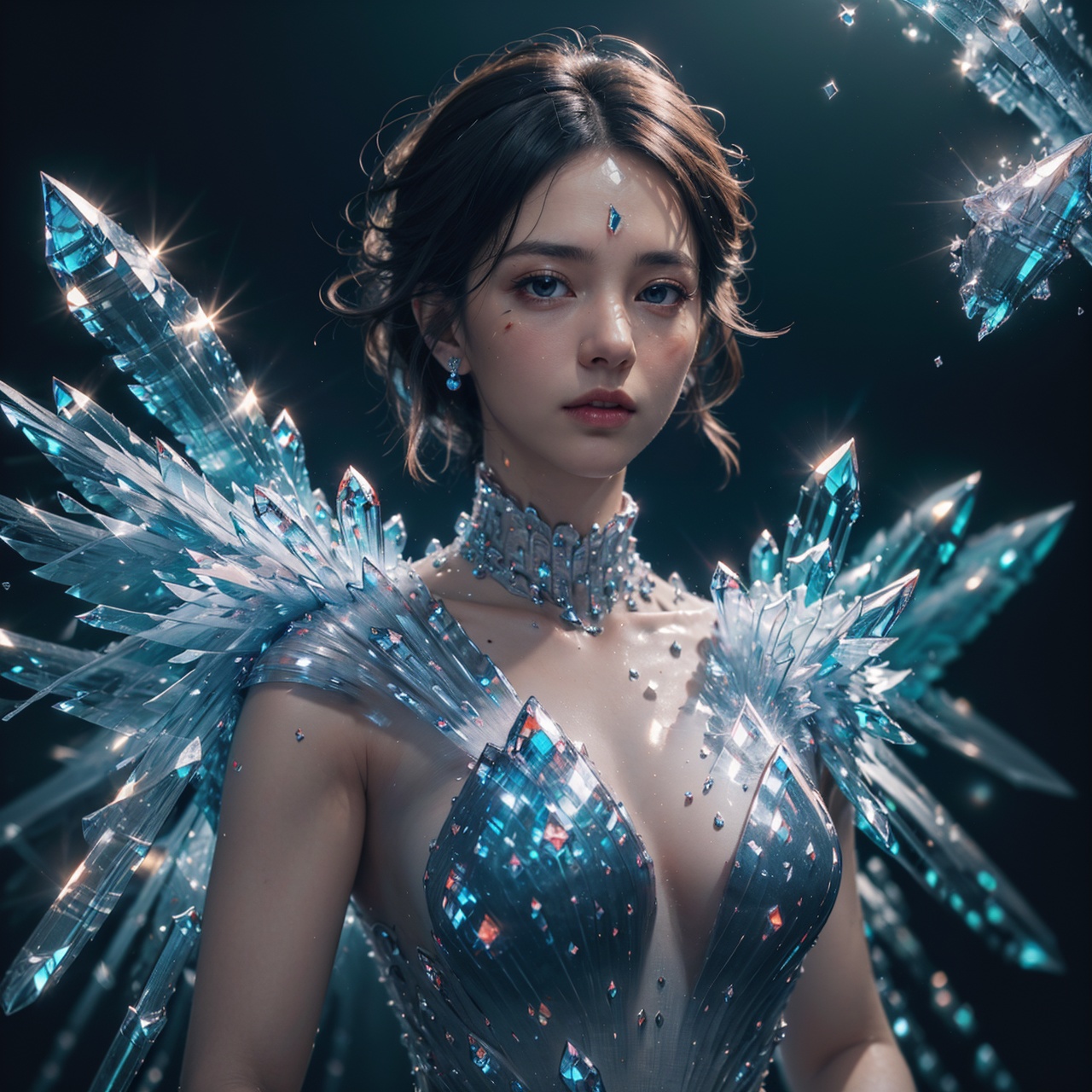 (best quality:1.4),(masterpiece:1.4),(photorealistic:1.4),(Realistic:1.2),(ultra high res, raw photo:1.4),(hdr, hyperdetailed:1.2),(8K:1.2),(1girl:1.2),(upper body:1.4),highly detailed,sharp focus,dynamic lighting,vivid colors,texture detail,particle effects,(black long straight hair:1.2),(white crystalz:1.5),(crystalz dress:1.4),(crystalz wing:1.5),<lora:Again_Crystalz:1>,