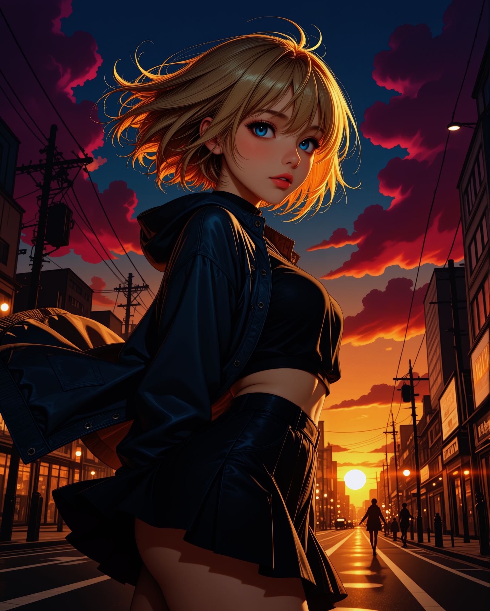 A detailed anime-style portrait of an attractive woman,  age 24,  standing confidently in a vibrant urban street at sunset...
