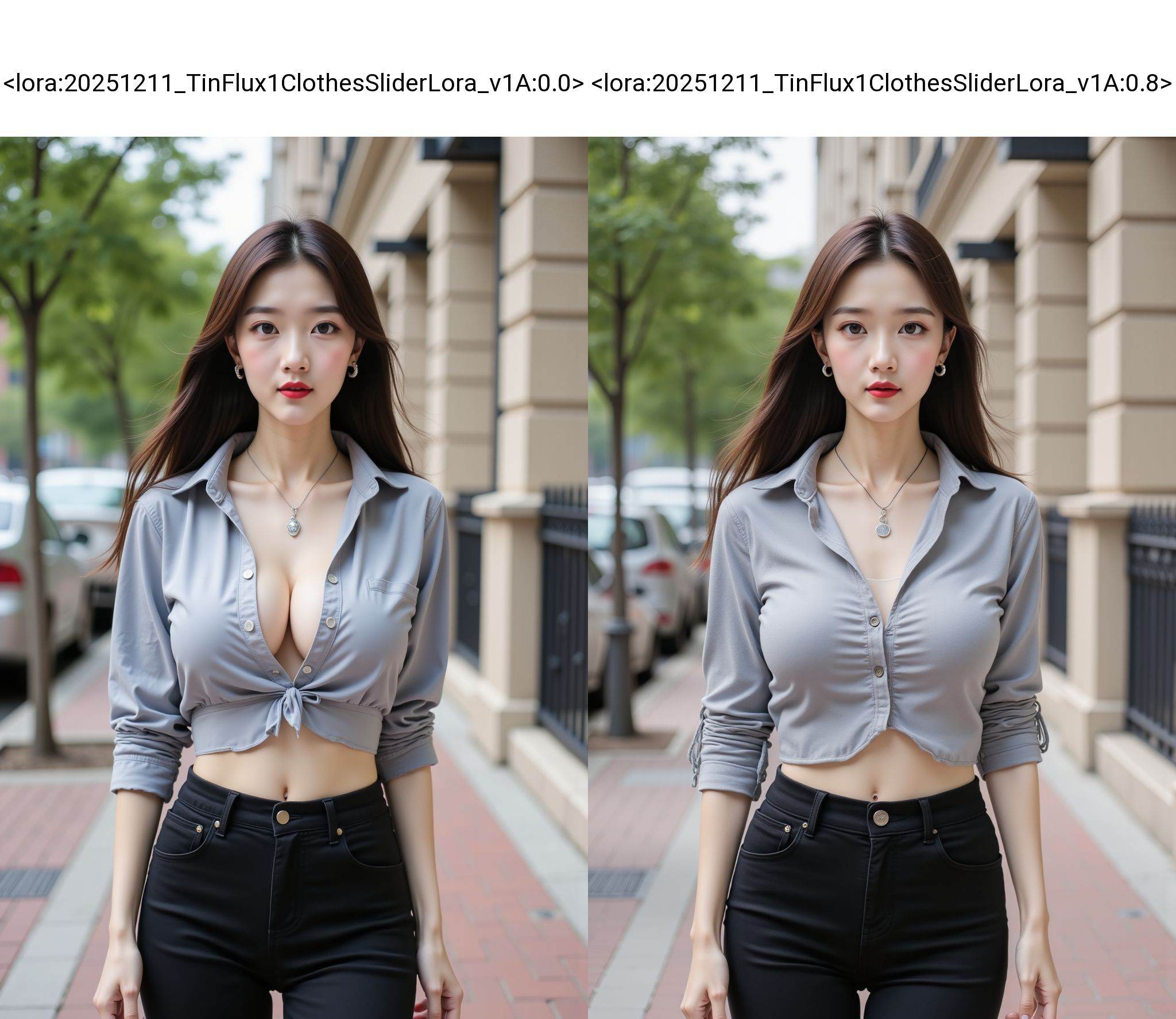 The image is a high-resolution photograph of a young East Asian woman standing on a city street. She has a fair complexion and long, straight, dark brown hair that falls past her shoulders. Her facial features are delicate, with large, expressive eyes, a small nose, and full lips painted with a bold red lipstick. She is wearing a light gray, button-up blouse that is unbuttoned at the top, revealing a hint of her cleavage. The blouse is slightly cropped, exposing her midriff, and has three-quarter sleeves. She pairs this with black pants that fit snugly, showcasing her slim waist and hips. She accessorizes with a delicate silver necklace featuring a small pendant and small hoop earrings. Her outfit is casual yet stylish, emphasizing her slender figure. The background features a city street with a mix of urban elements: a parked car on the left, a sidewalk with red-brick paving, and a building with beige walls and a black railing. The sky is clear, and green trees line the street, adding a touch of nature to the urban setting. The overall mood of the image is modern and chic, capturing a young woman confidently striding through a bustling city. <lora:20251211_TinFlux1ClothesSliderLora_v1A:0.0>