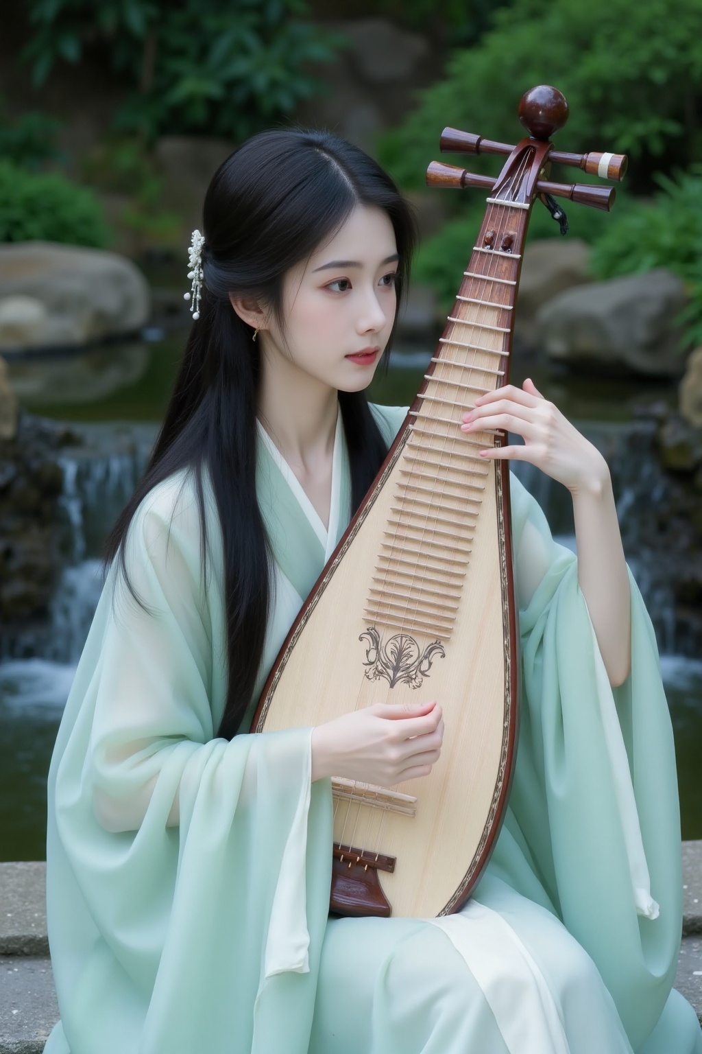 ancient costume,This photo depicts a young woman playing a traditional Chinese stringed instrument, the guqin. She is seated in a pavilion surrounded by lush greenery and rocks, indicating a natural and serene outdoor setting. The woman has long straight black hair, partially tied back with a traditional hairpin, leaving a few strands cascading down her shoulders. Her skin is fair, her features delicate, and she wears a calm and contemplative expression on her face.She is dressed in traditional Chinese clothing, specifically a light blue silk robe with flowing long sleeves. The fabric appears soft and semi-transparent, allowing natural light to filter through, creating a soft and ethereal effect. Her robe is paired with a white undergarment visible at the bottom, adding a traditional and elegant look.The guqin she holds is a traditional Chinese zither characterized by its slender elliptical wooden body adorned with intricate and elaborate designs. She plucks the strings with her right hand while her left hand gently presses them, creating a tranquil and harmonious atmosphere.The background is a blurred green, with the gentle movement of water adding to the serene ambiance. The overall composition emphasizes