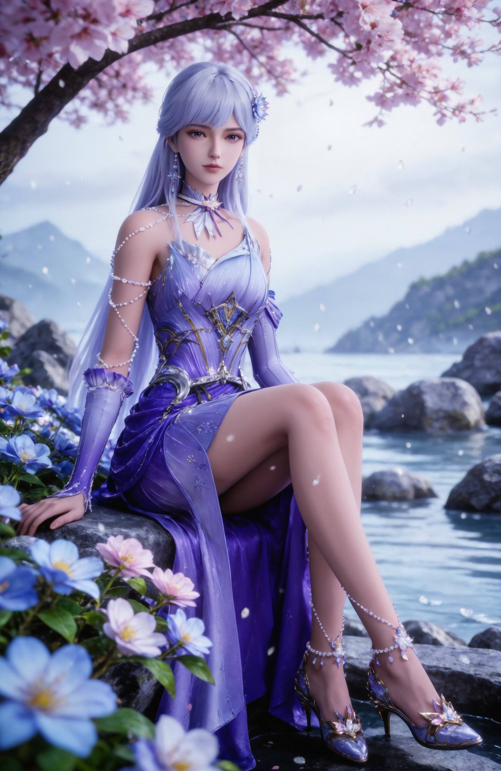 <lora:神印王座-圣采儿-190Pony:0.7> 1girl, long hair, hair ornament, white hair, purple eyes, hair flower, purple dress, detached sleeves,, masterpiece,best quality,amazing quality,very aesthetic,high resolution,ultra-detailed,absurdres,scenery,photorealistic,looking at viewer,moody lighting,peach blossom,falling petals,realistic,photorealistic details,, ,snowing, rock,,blurry,sitting,full body,arm support,blue flower,snowflakes